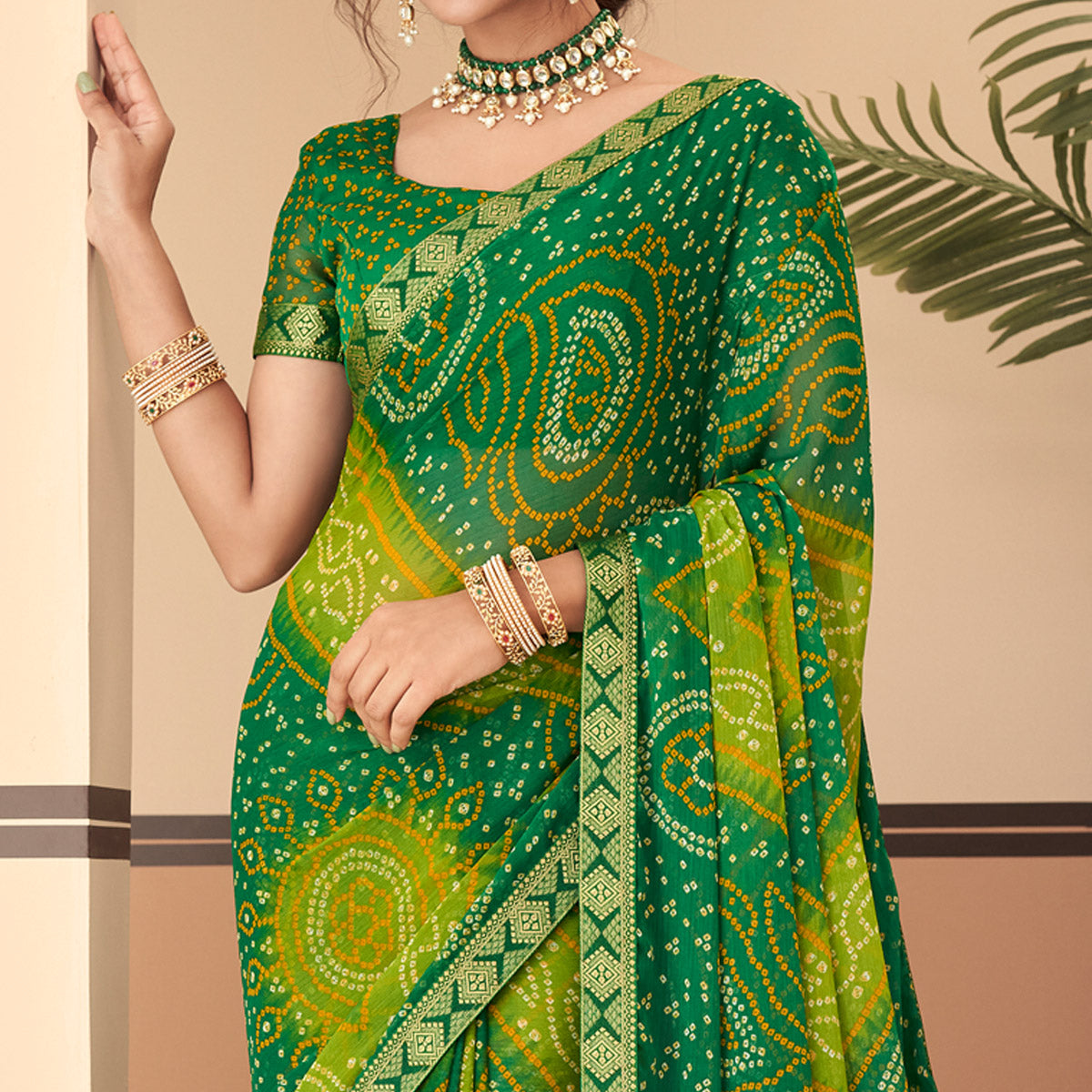 Green Bandhani Printed Chiffon Saree With Lace Border