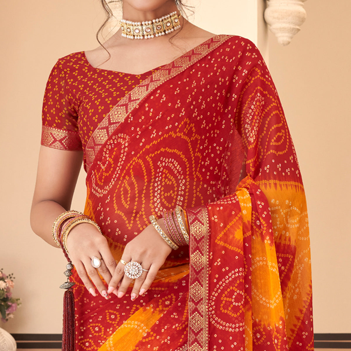 Red & Yellow Bandhani Printed Chiffon Saree With Lace Border