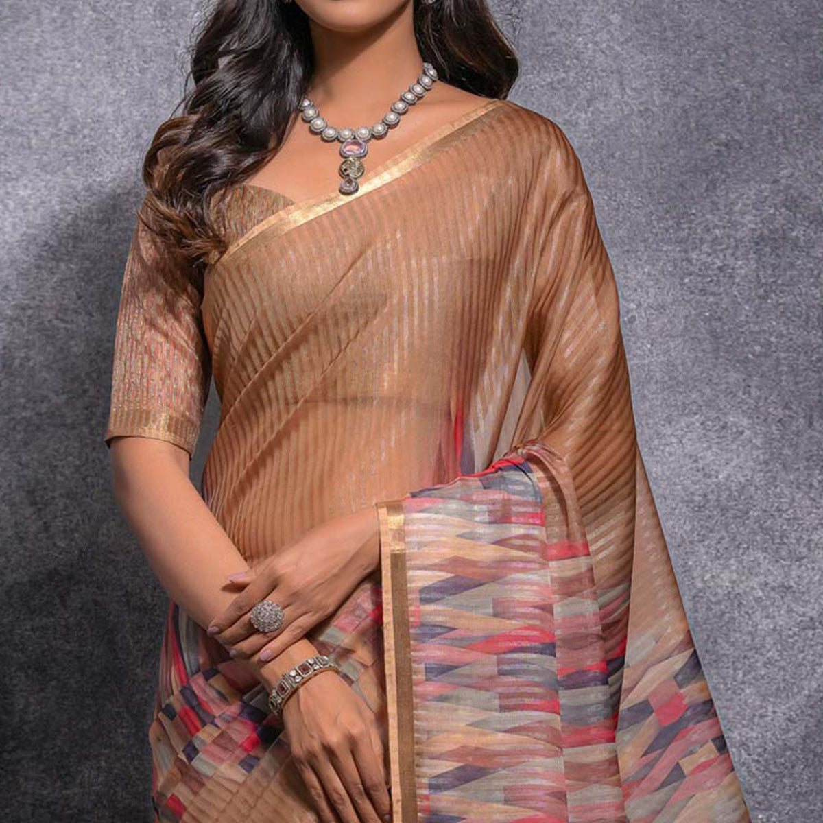 Chikoo Digital Printed Linen Saree With Woven Border