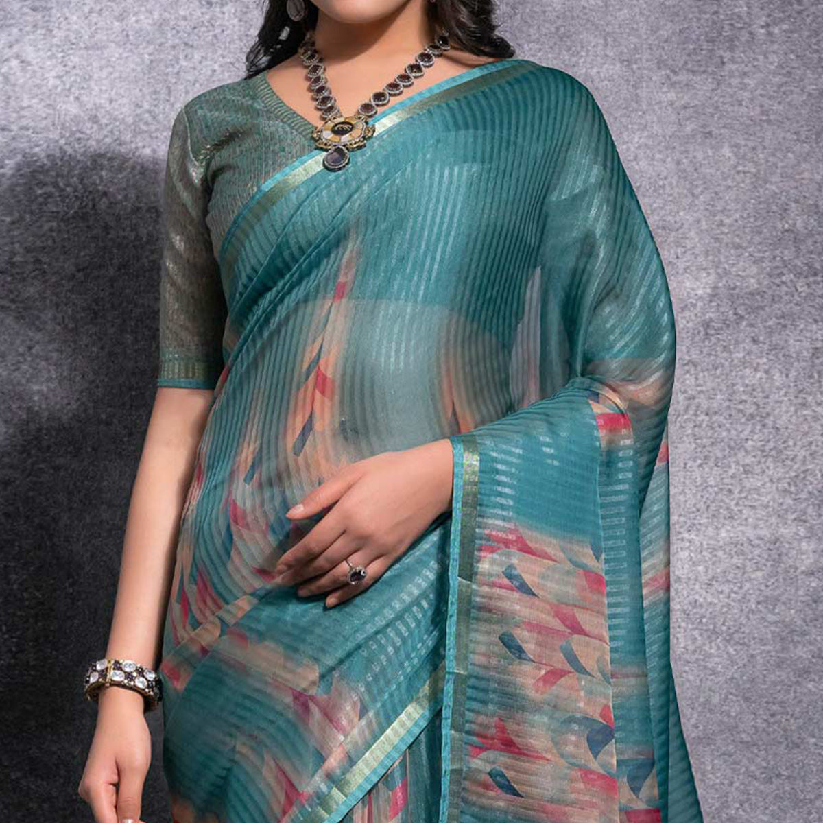 Rama Green Digital Printed Linen Saree With Woven Border