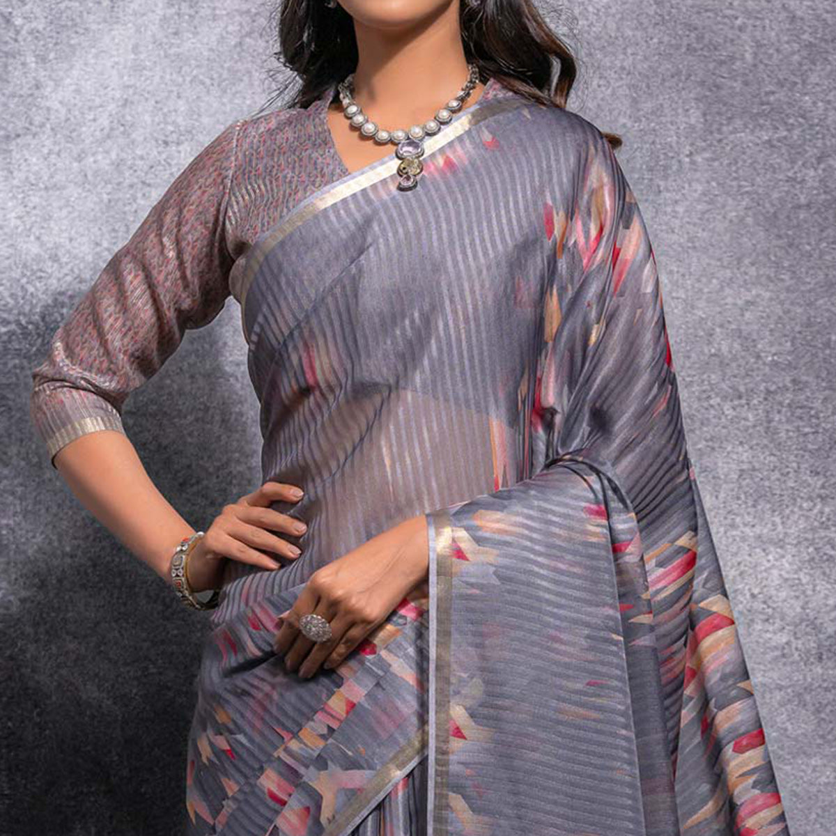 Grey Digital Printed Linen Saree With Woven Border