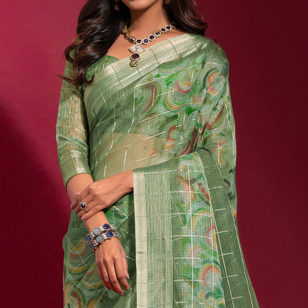 Green Digital Printed With Zari Work Linen Saree