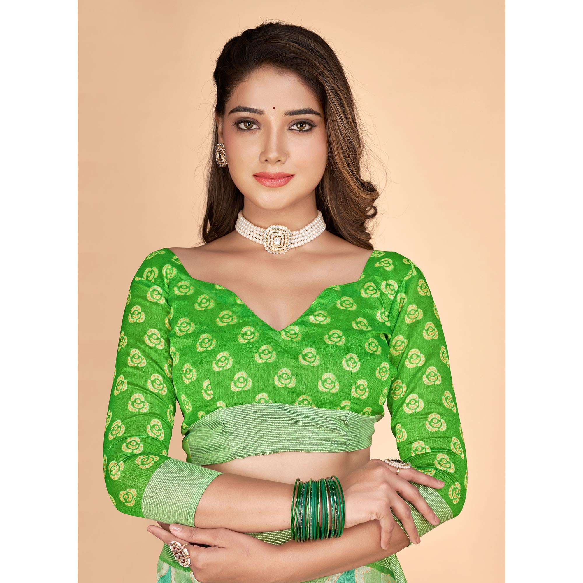 Green Printed Tussar Silk Saree