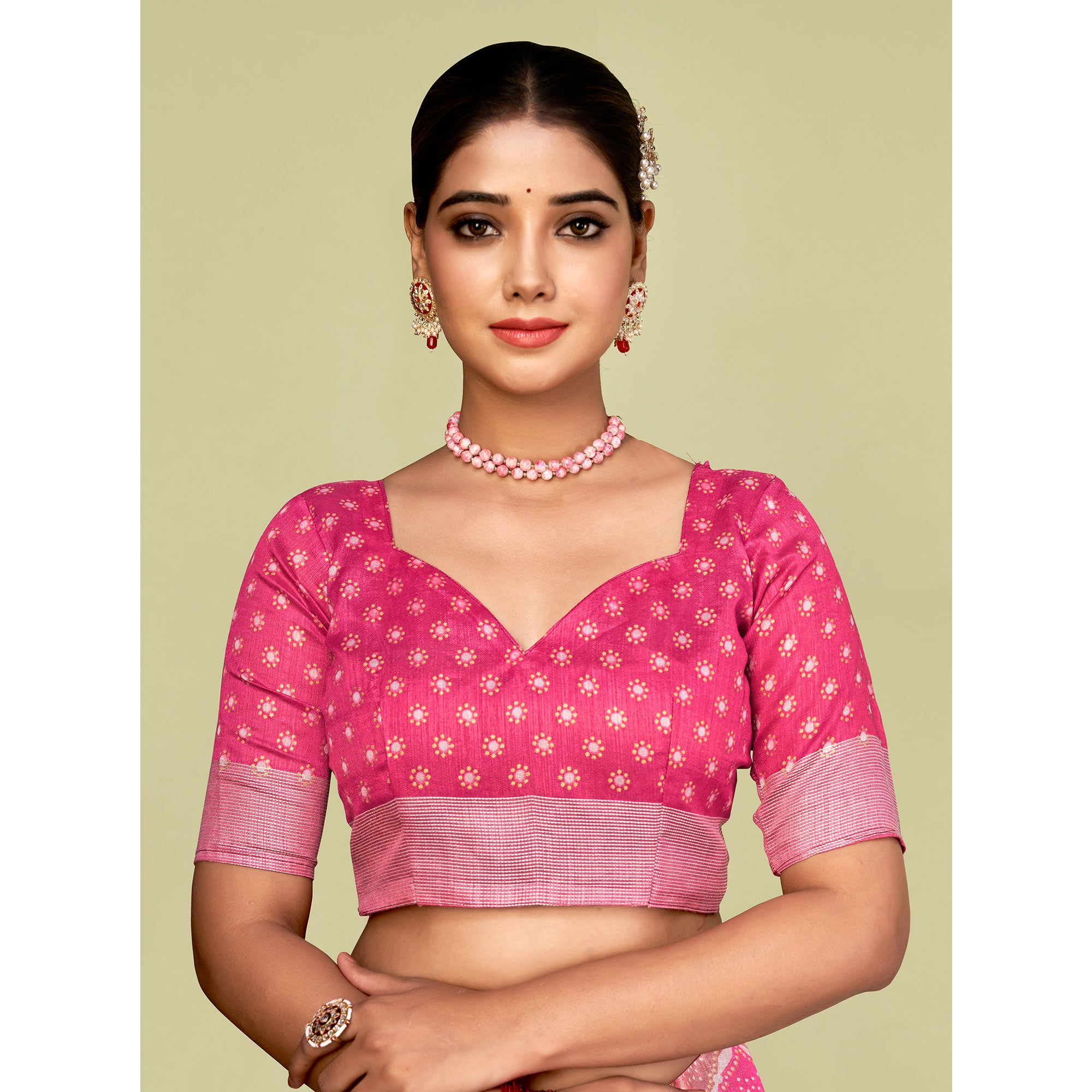 Pink Printed Tussar Silk Saree