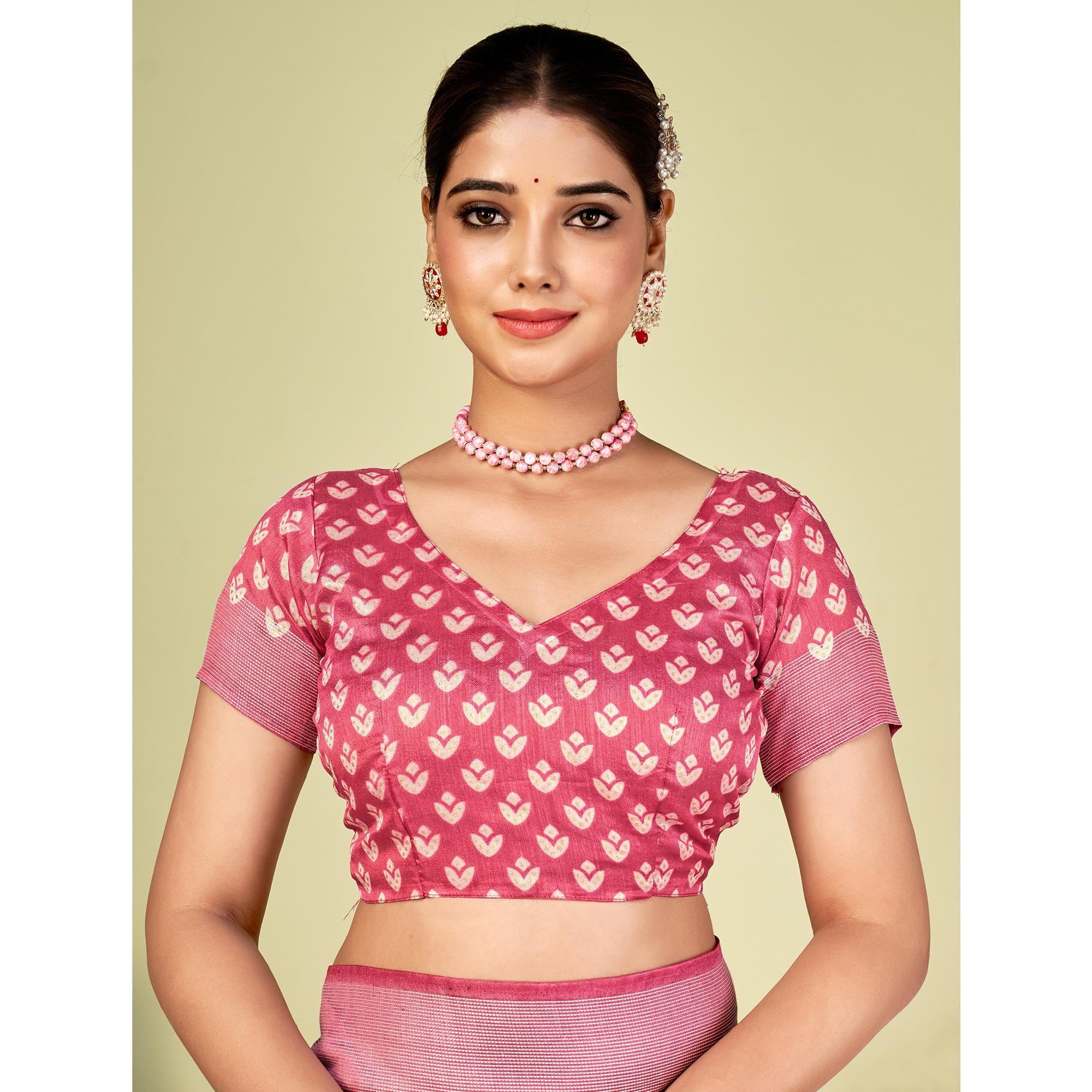 Pink Printed Tussar Silk Saree