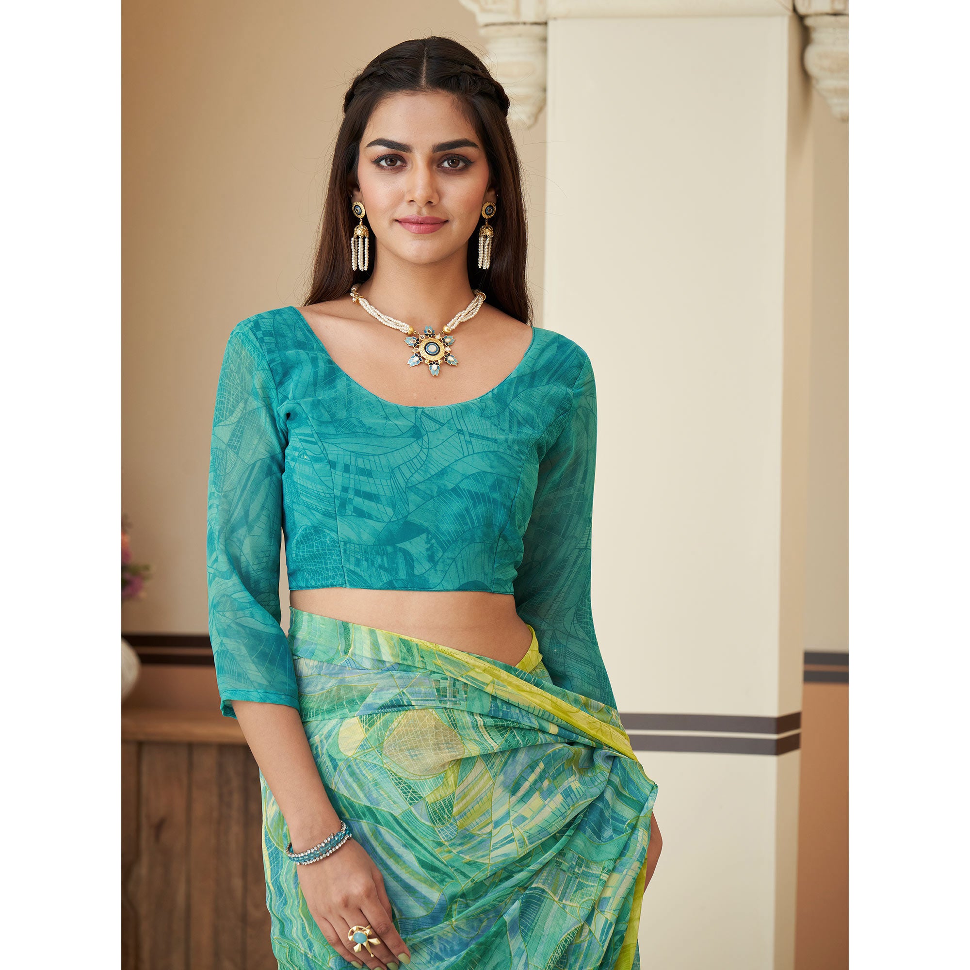 Turquoise Geometric Printed Georgette Saree