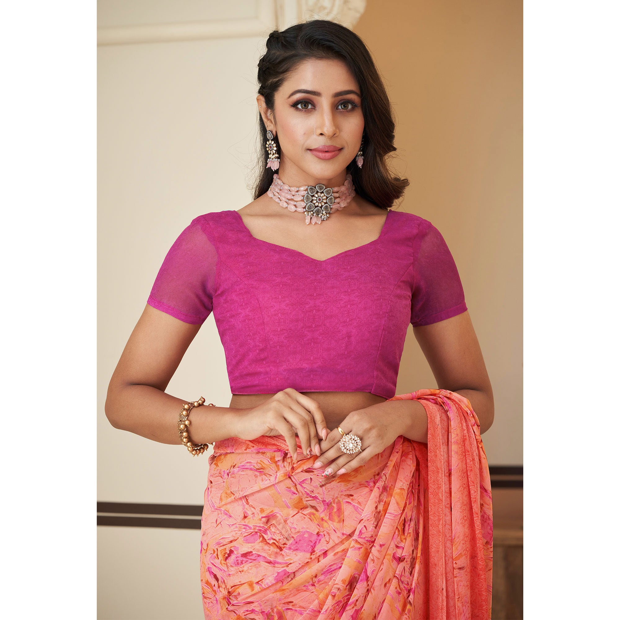 Peach Printed Georgette Saree