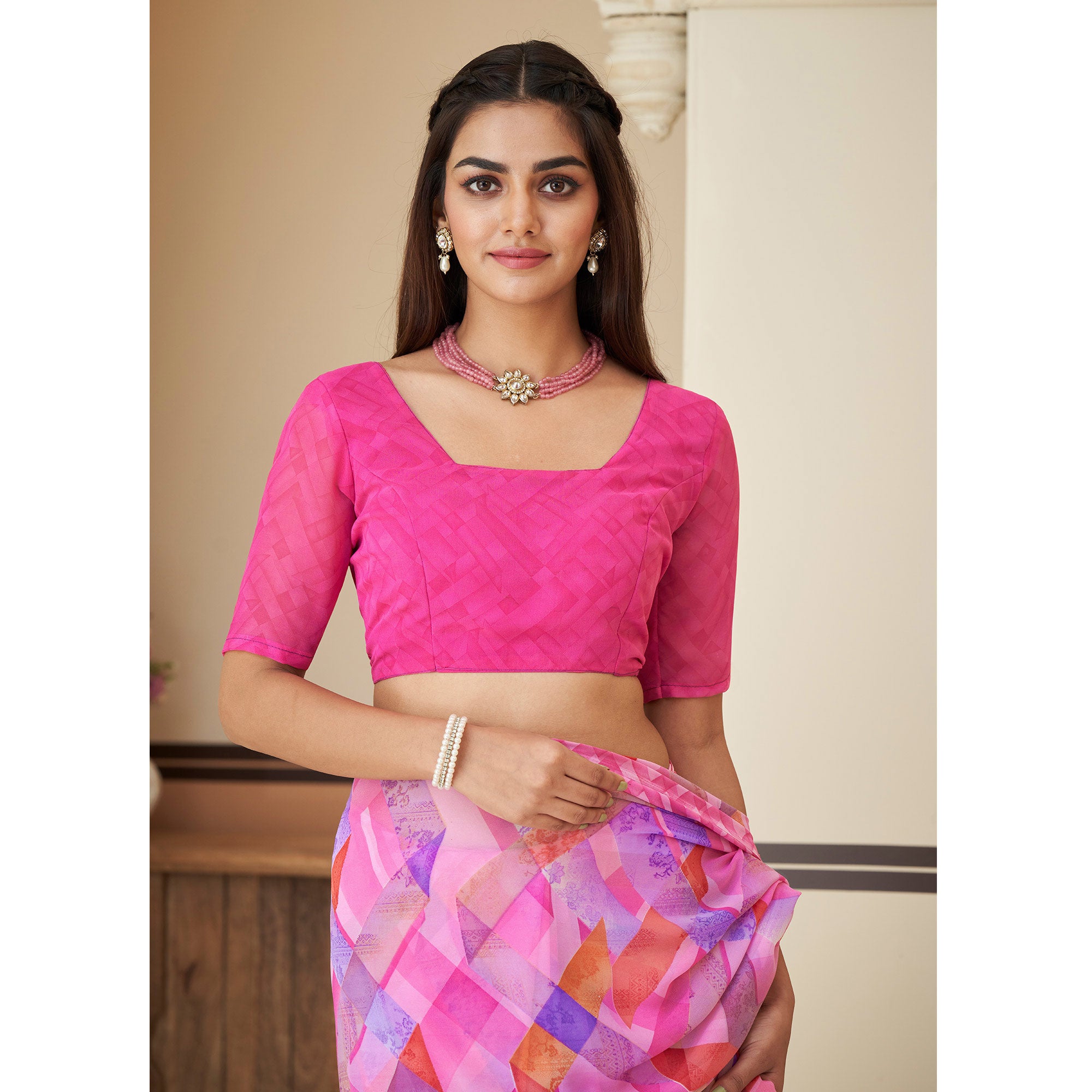 Pink Geometric Printed Georgette Saree