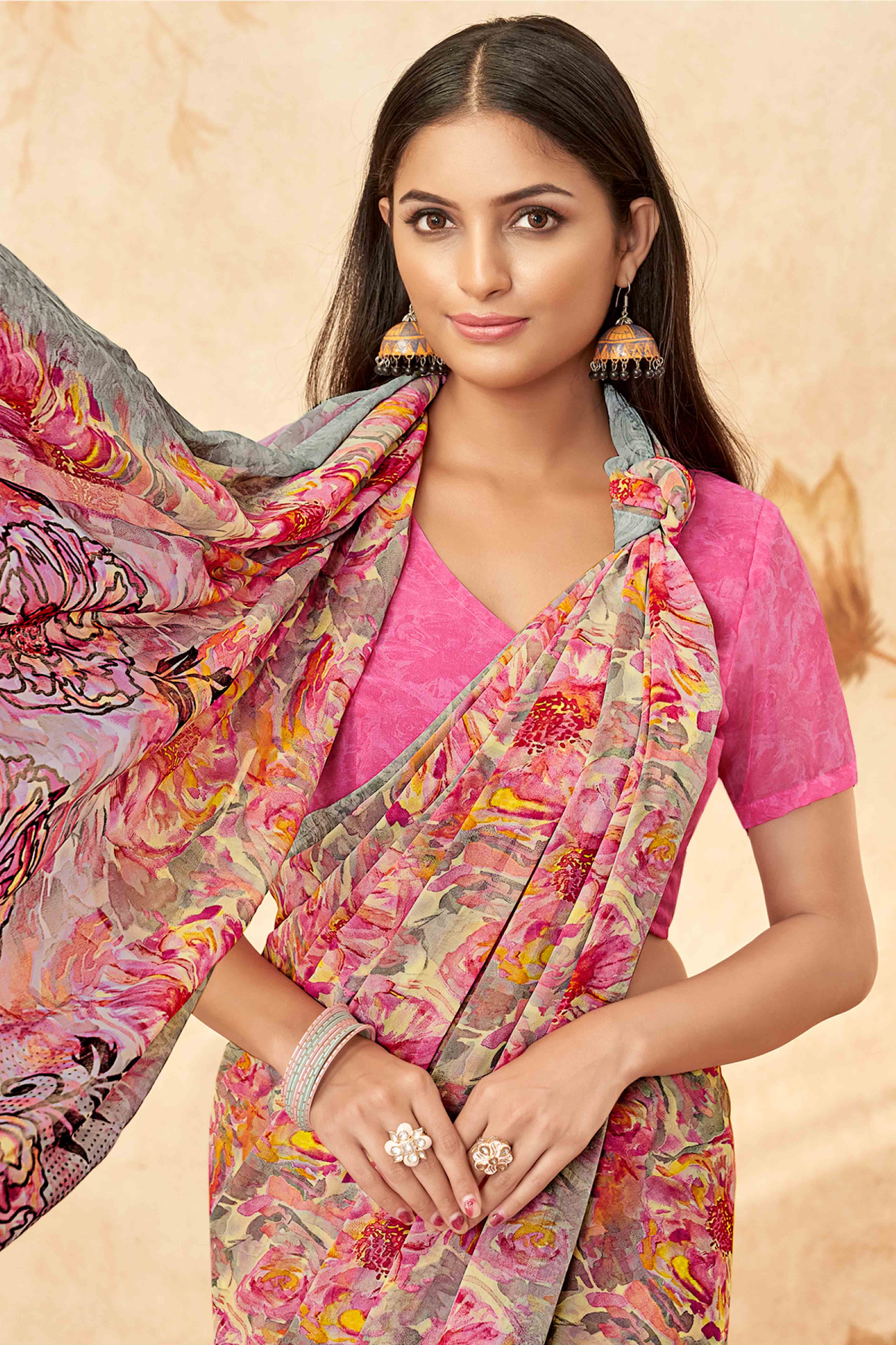 Pink Floral Printed Georgette Saree