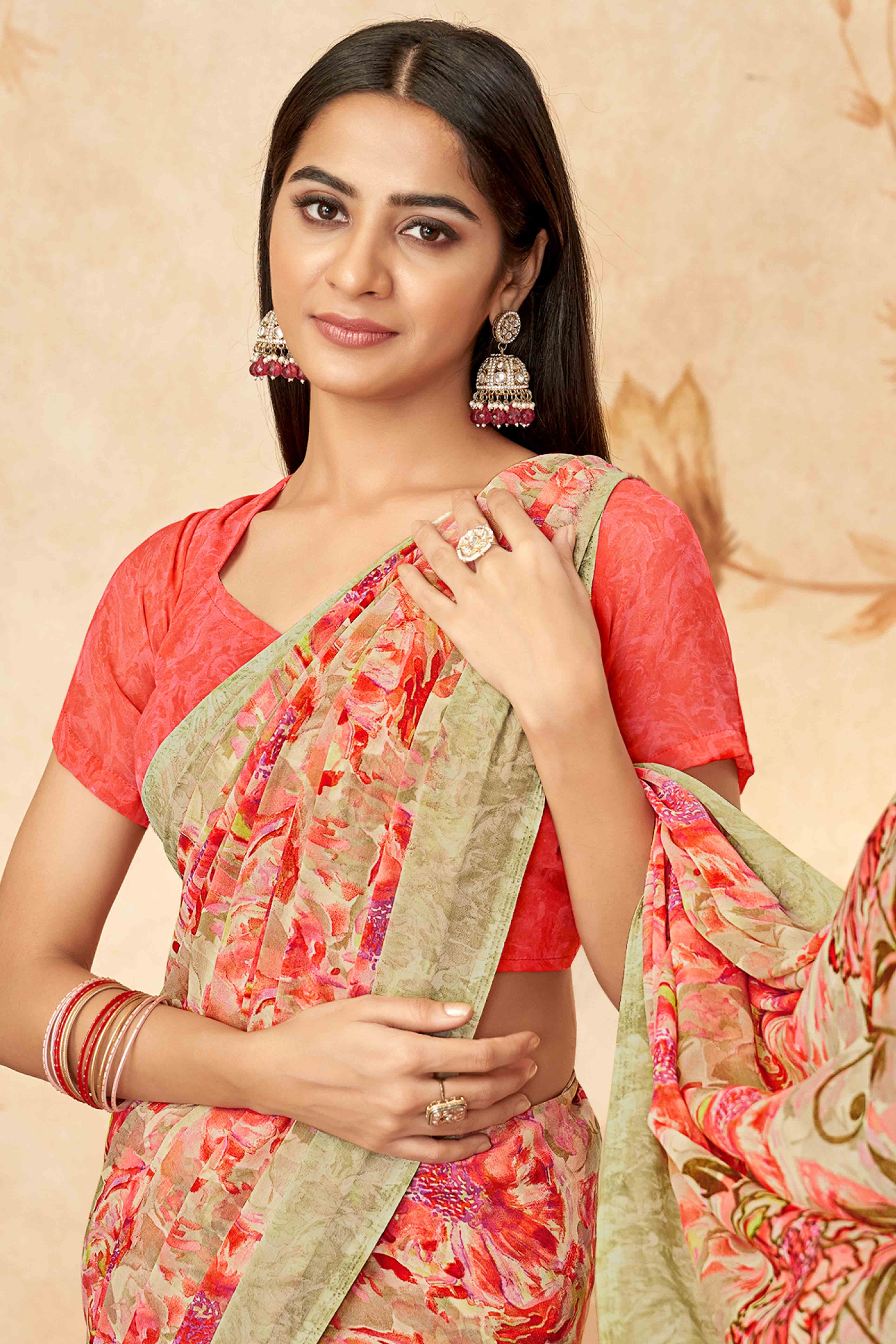 Gajri Pink Floral Printed Georgette Saree