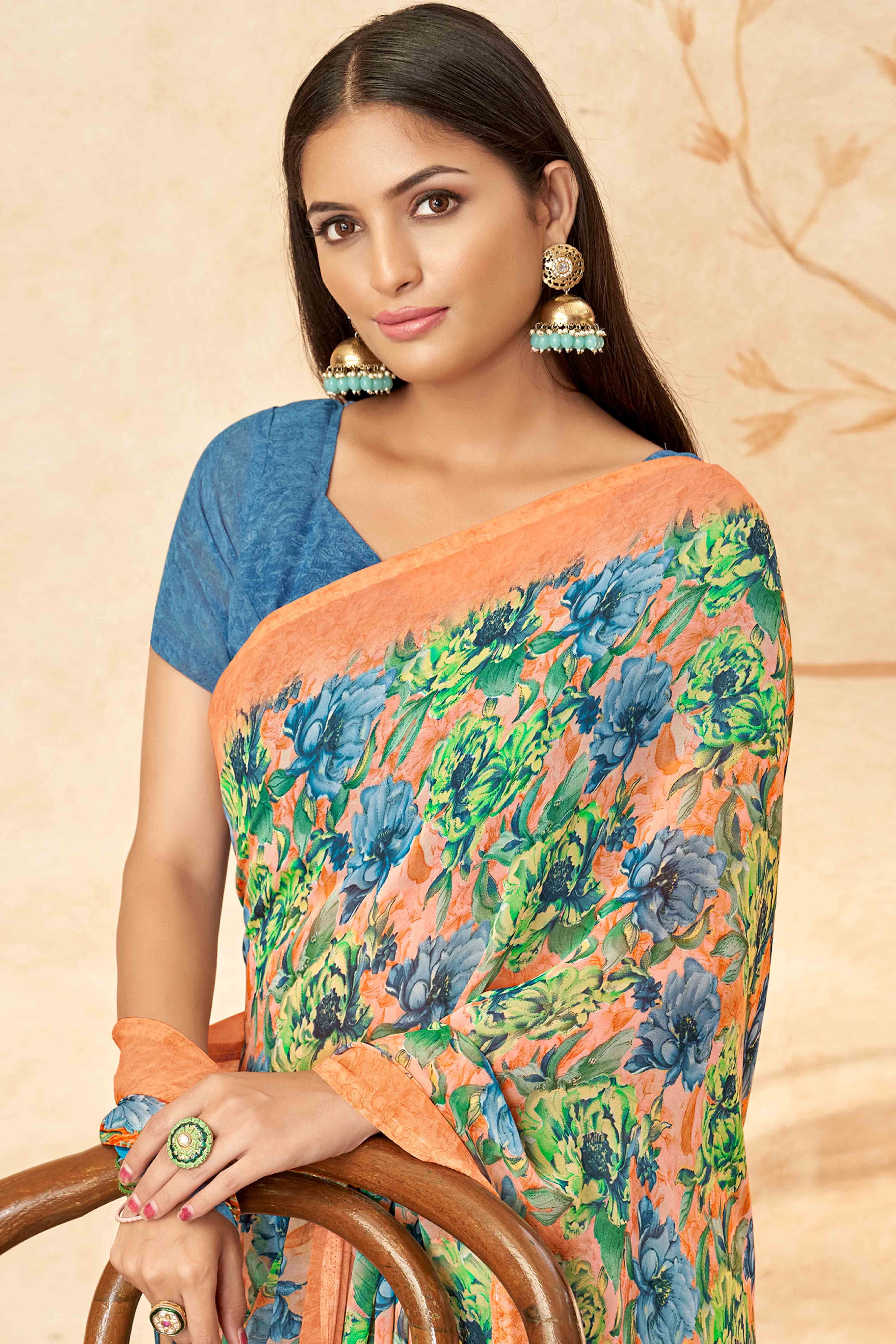 Peach Floral Printed Georgette Saree