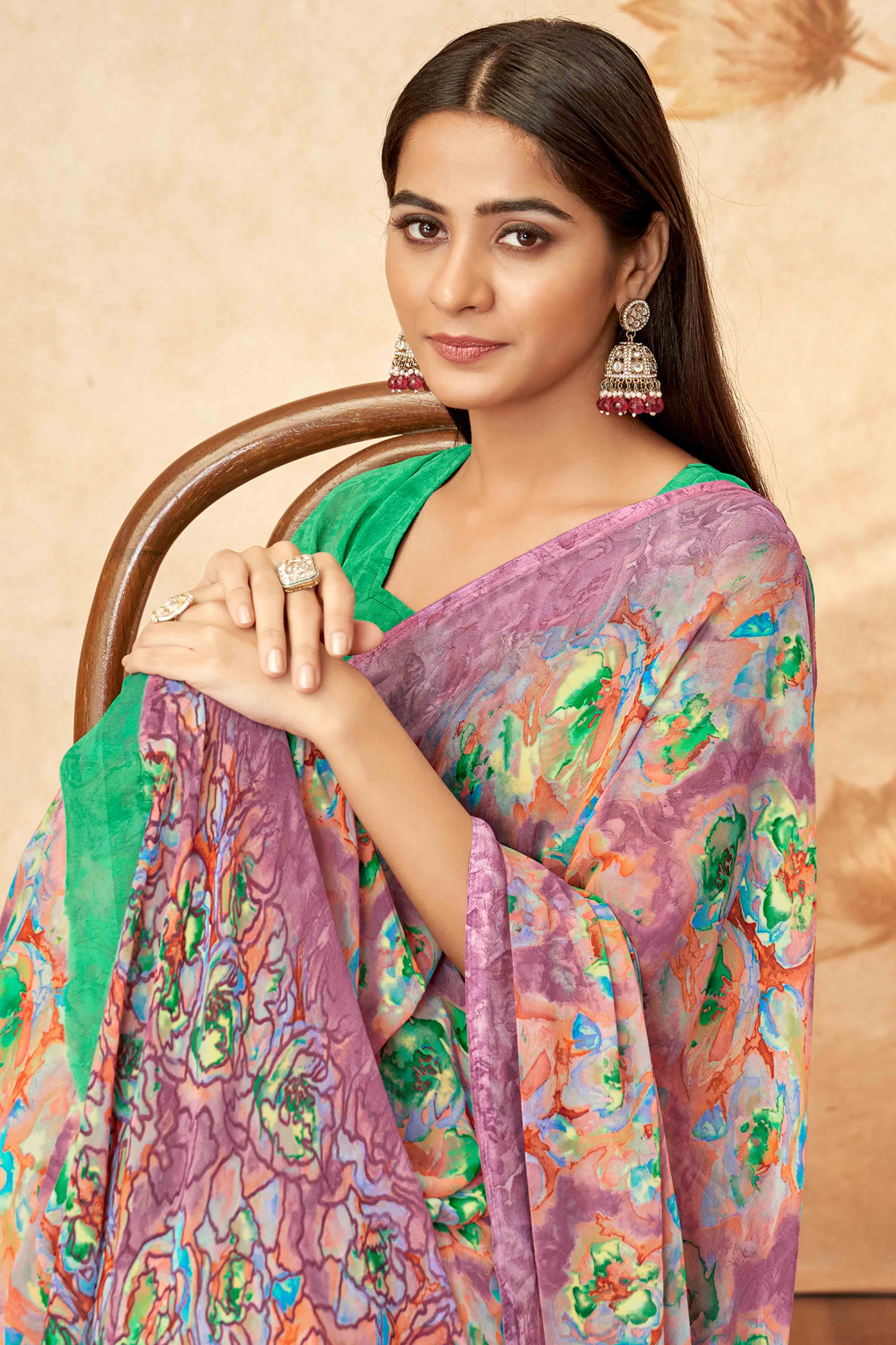 Purple Floral Printed Georgette Saree