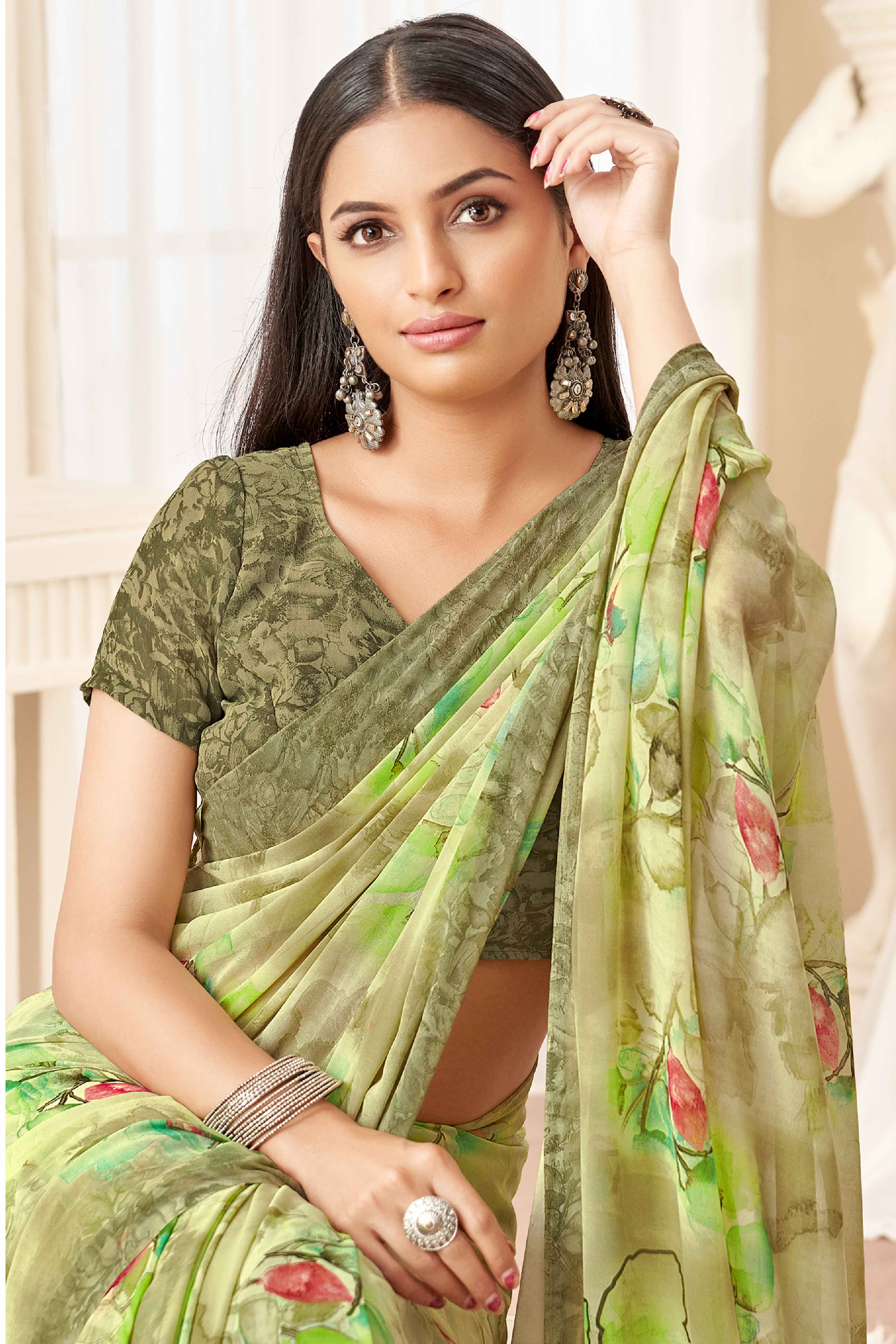 Olive Green Georgette Saree With Delicate Floral Print