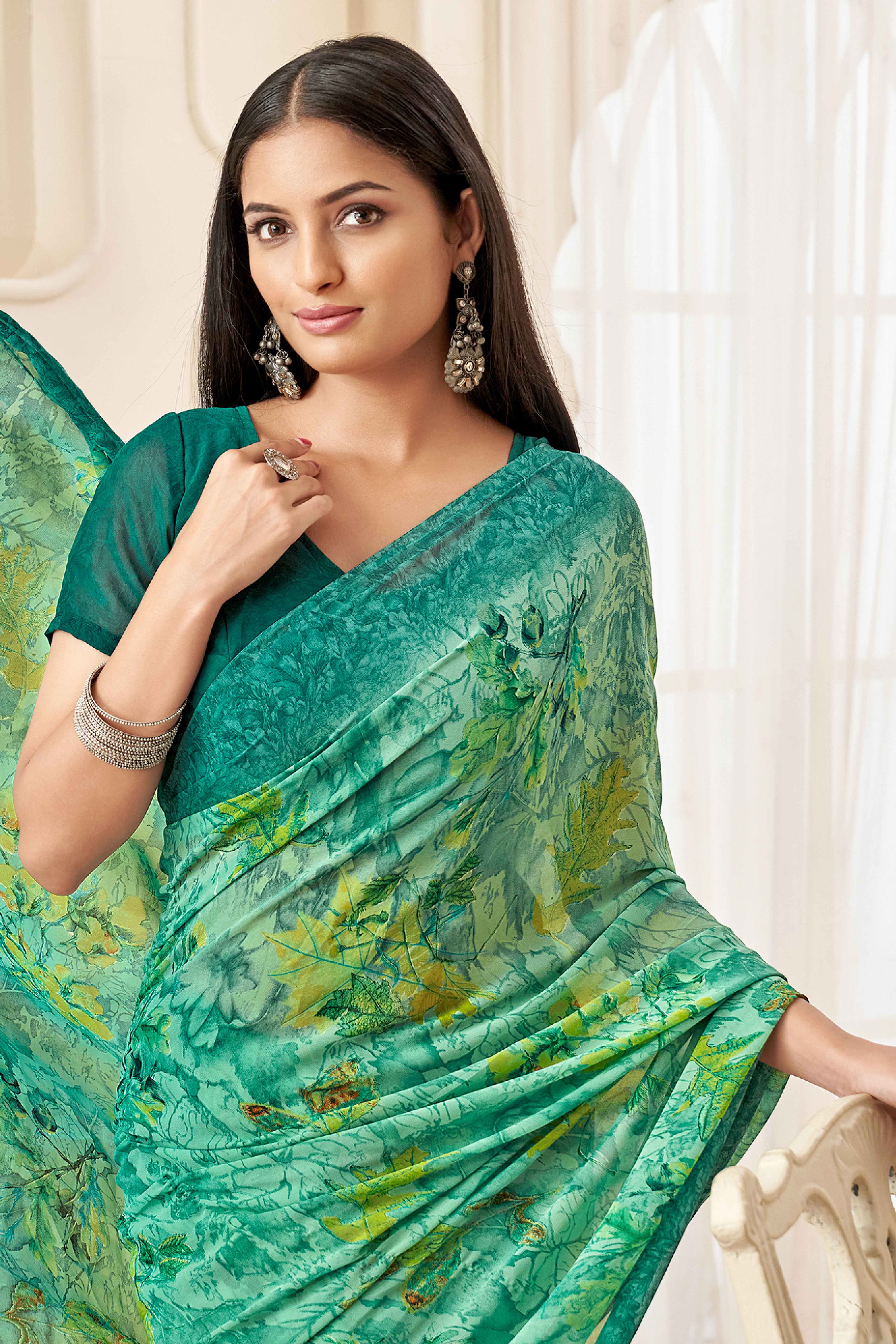 Green Georgette Saree With Delicate Floral Print