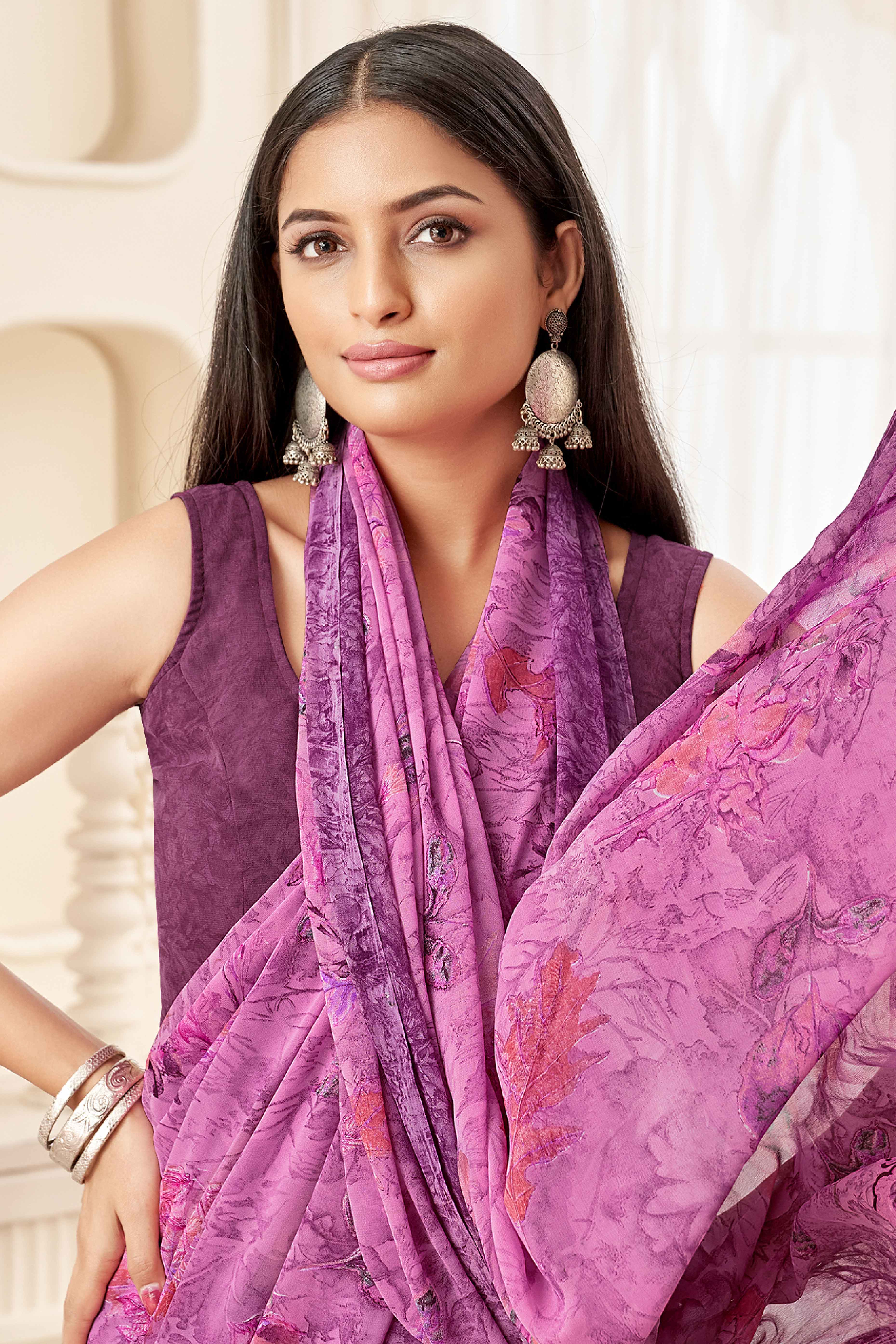 Pink Georgette Saree With Delicate Floral Print