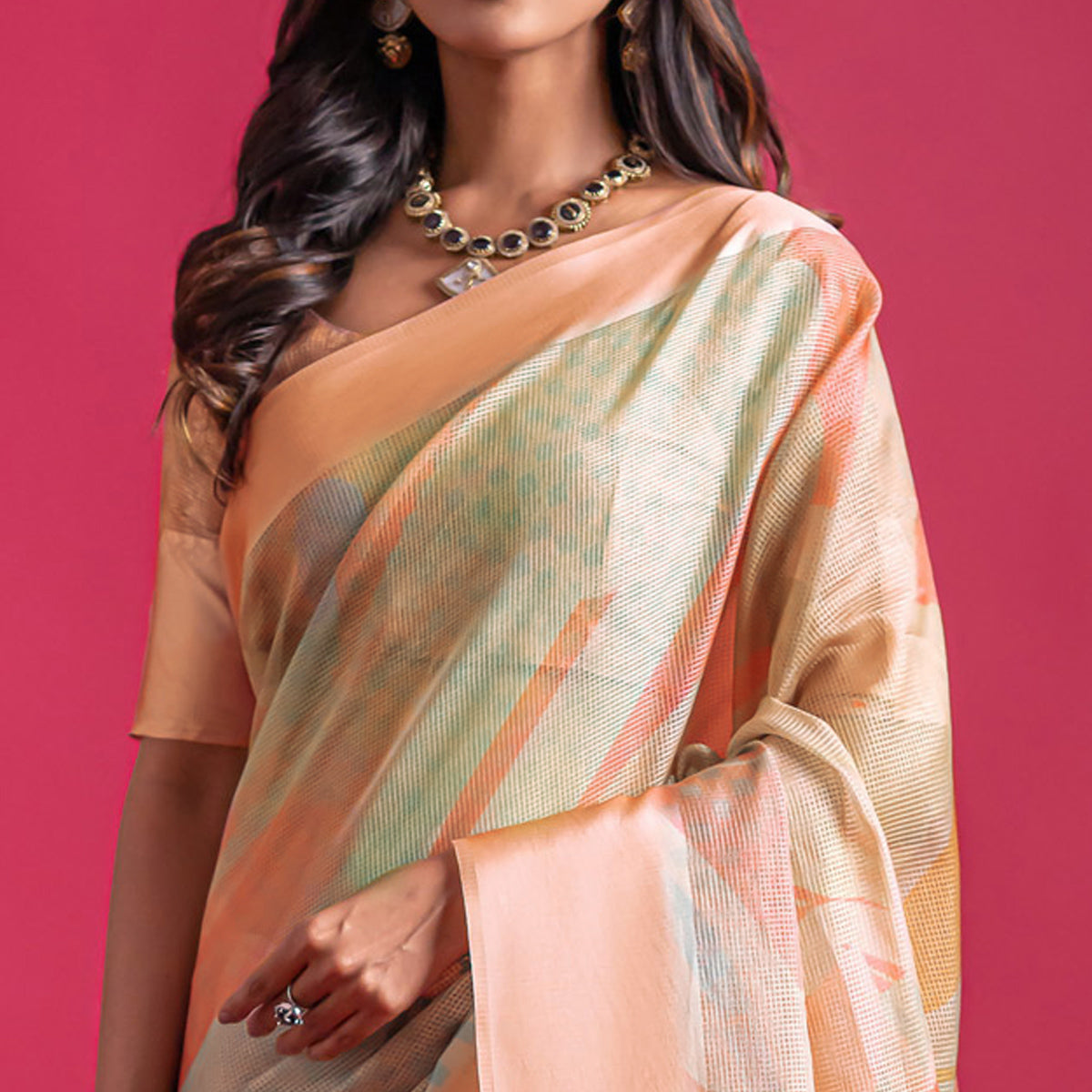 Peach Floral Digital Printed Linen Saree With Woven Border
