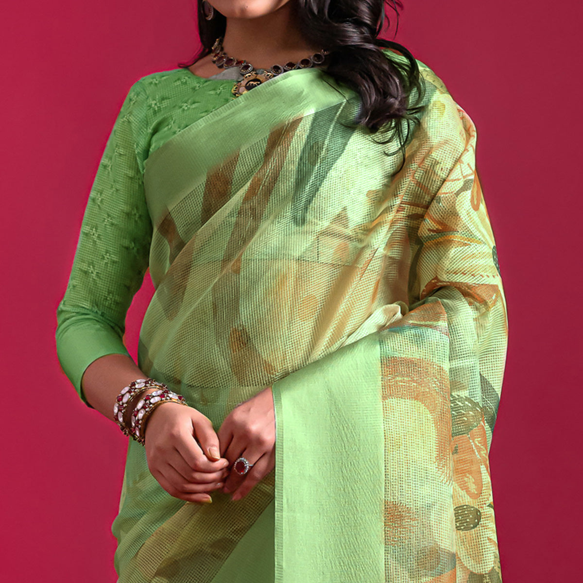 Green Floral Digital Printed Linen Saree With Woven Border