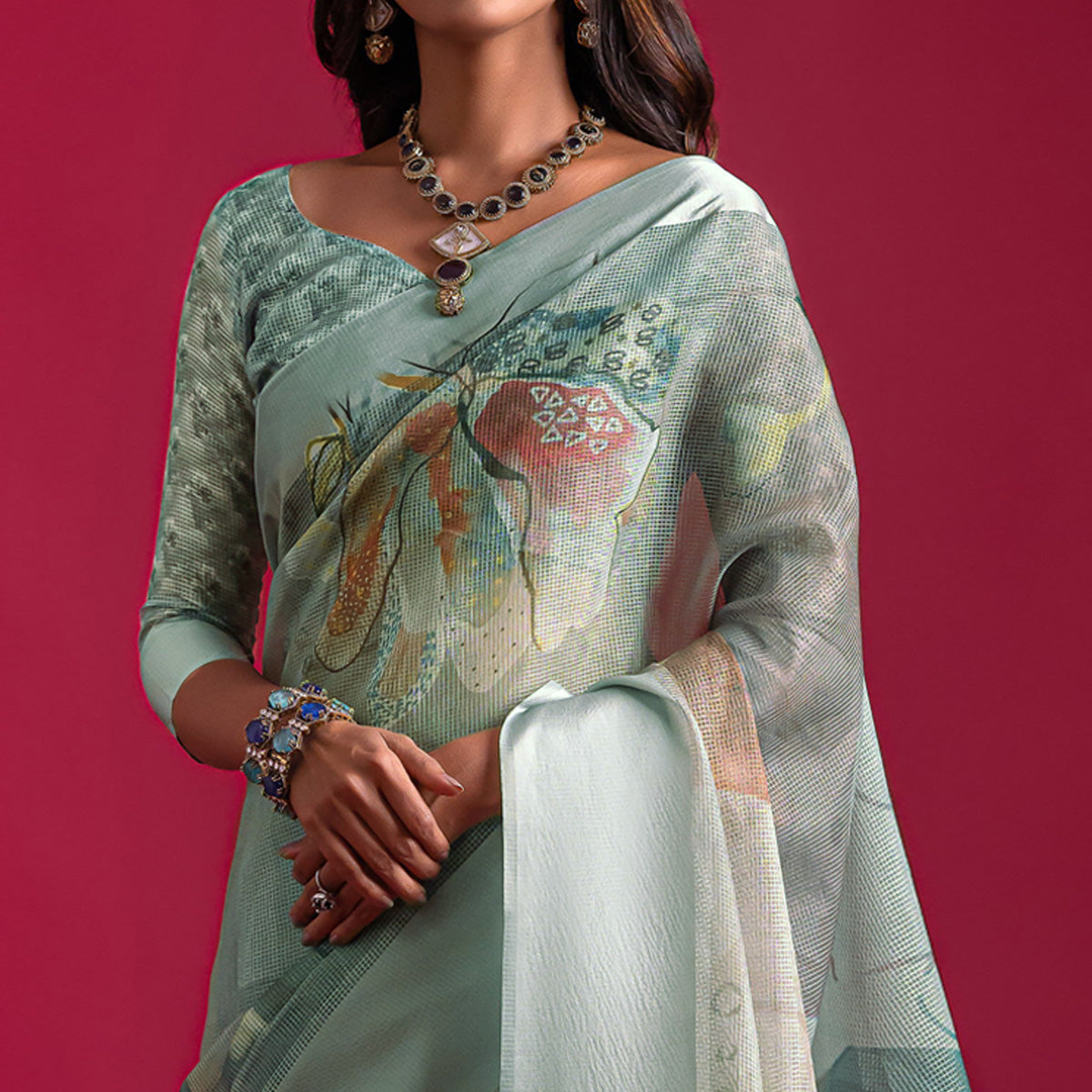 Grey Floral Digital Printed Linen Saree With Woven Border