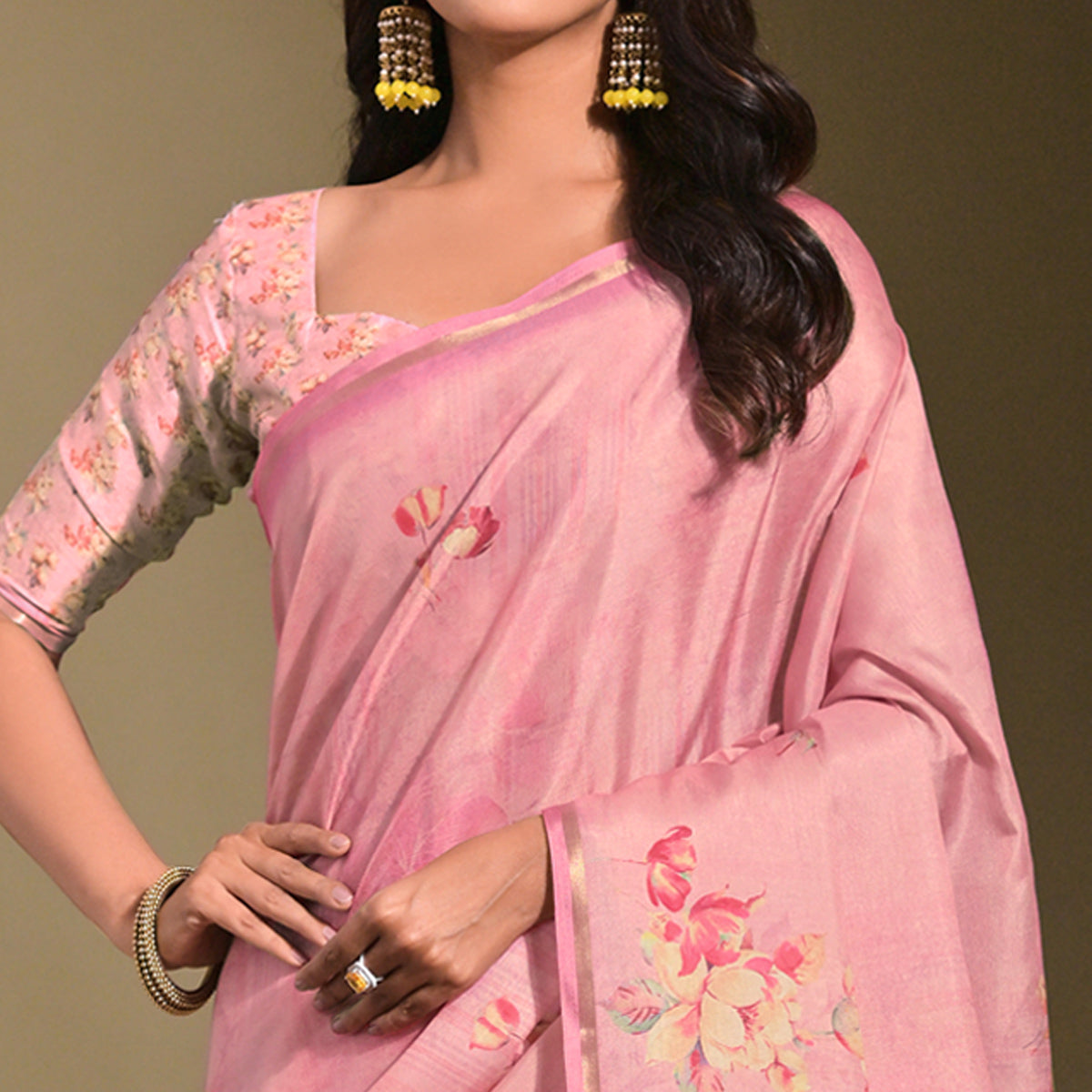 Pink Floral Digital Printed Tussar Silk Saree
