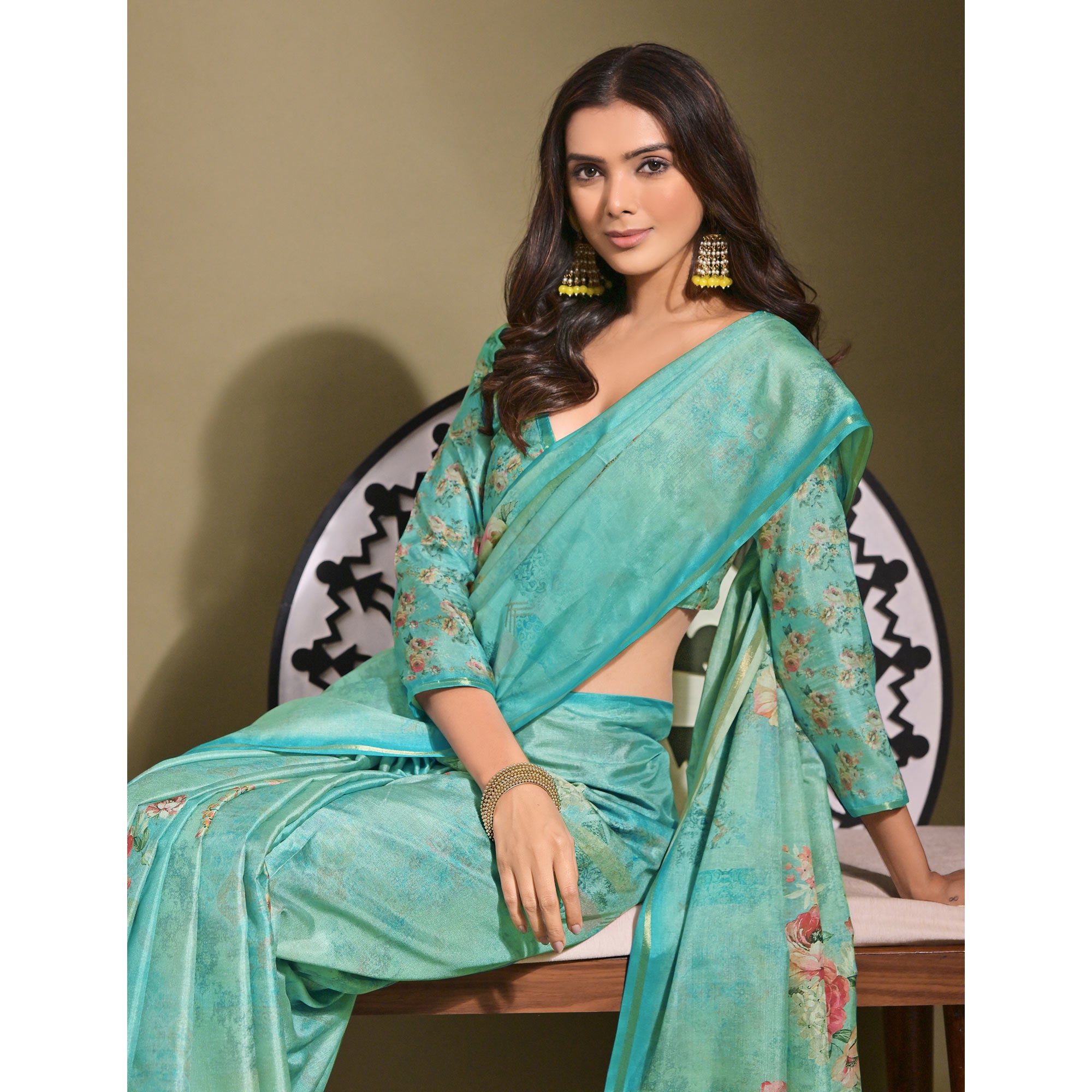 Turquoise Floral Digital Printed Tussar Silk Saree