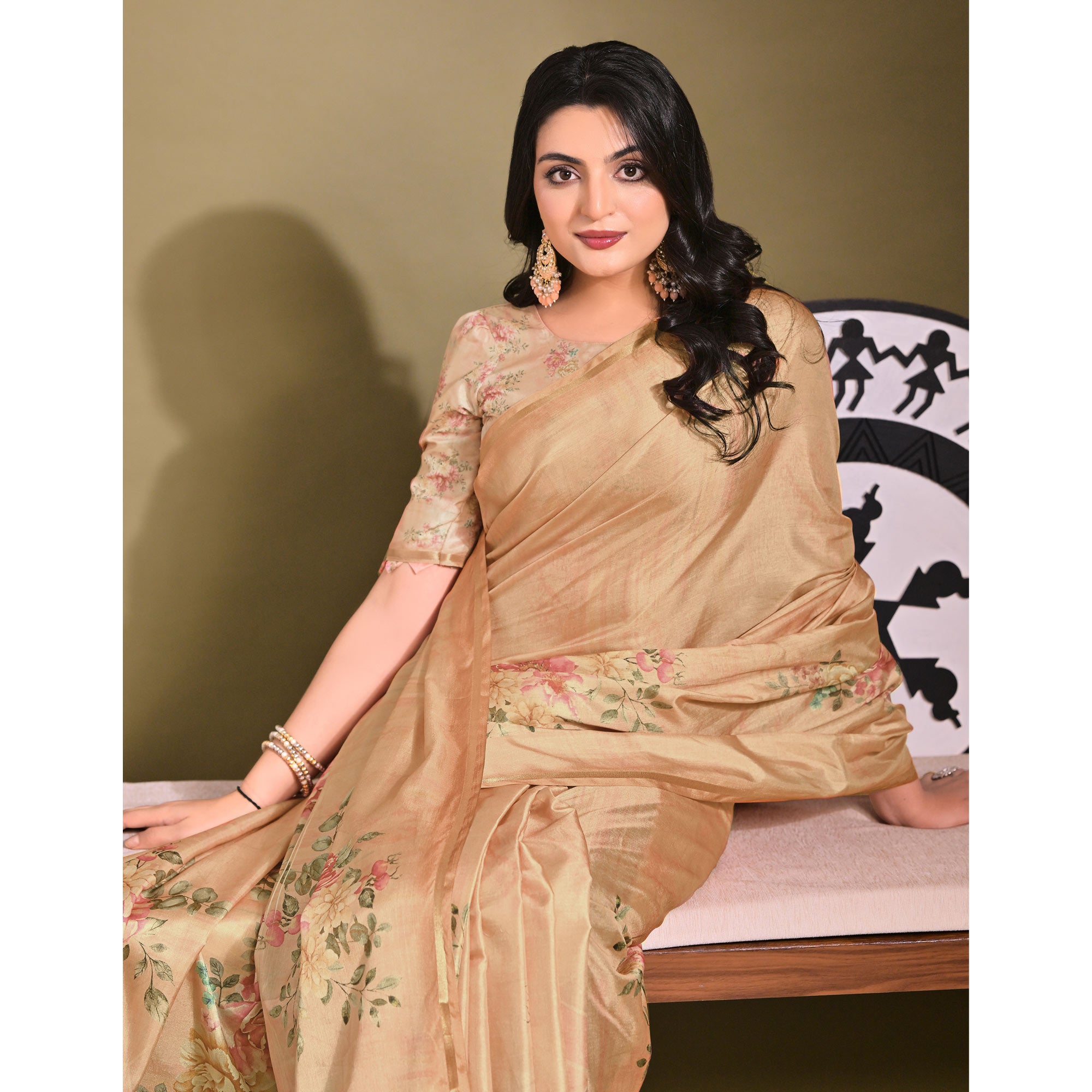 Orange Floral Digital Printed Tussar Silk Saree