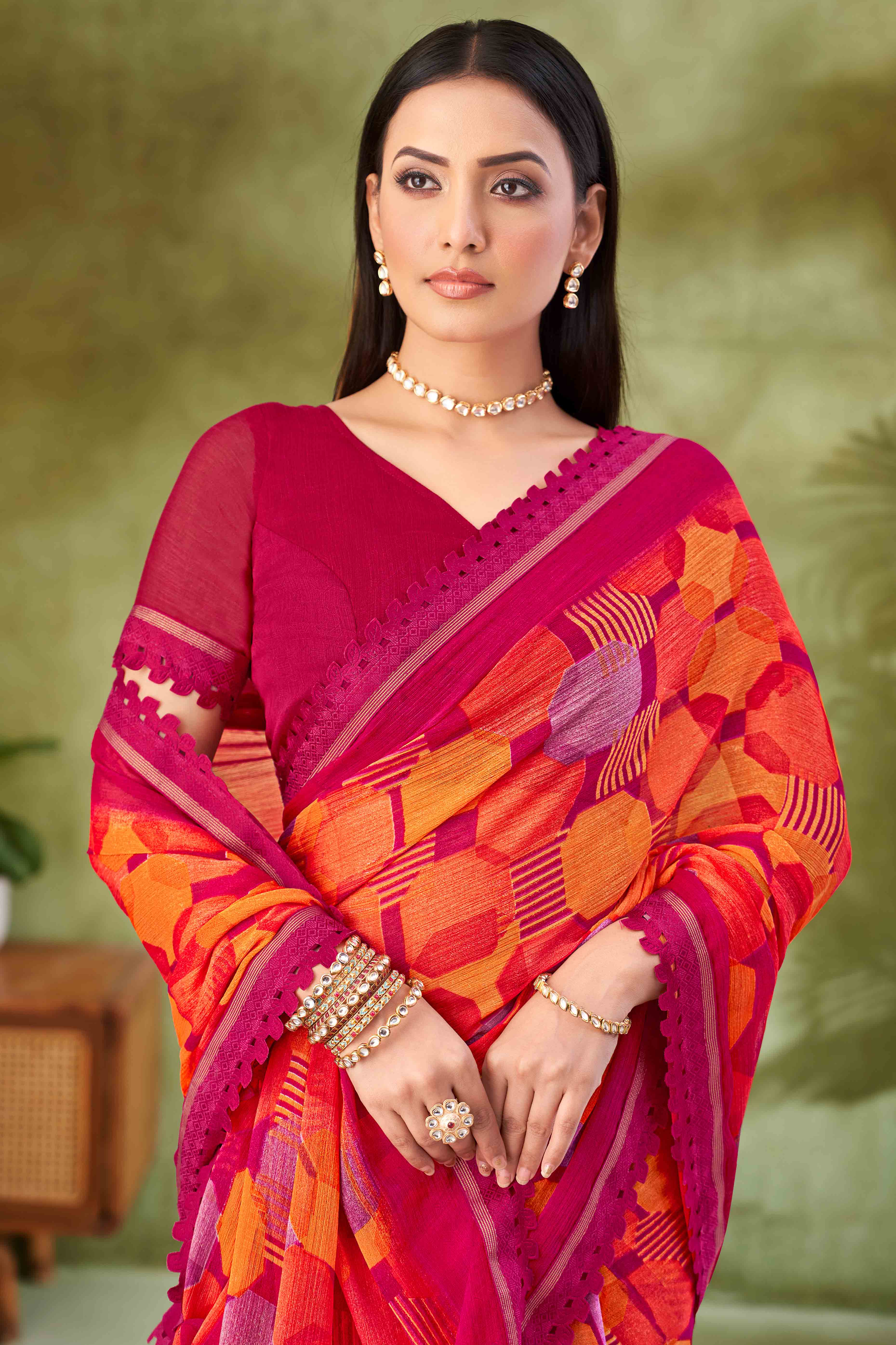 Magenta Digital Printed Chiffon Saree Accented With Elegant Lace Border