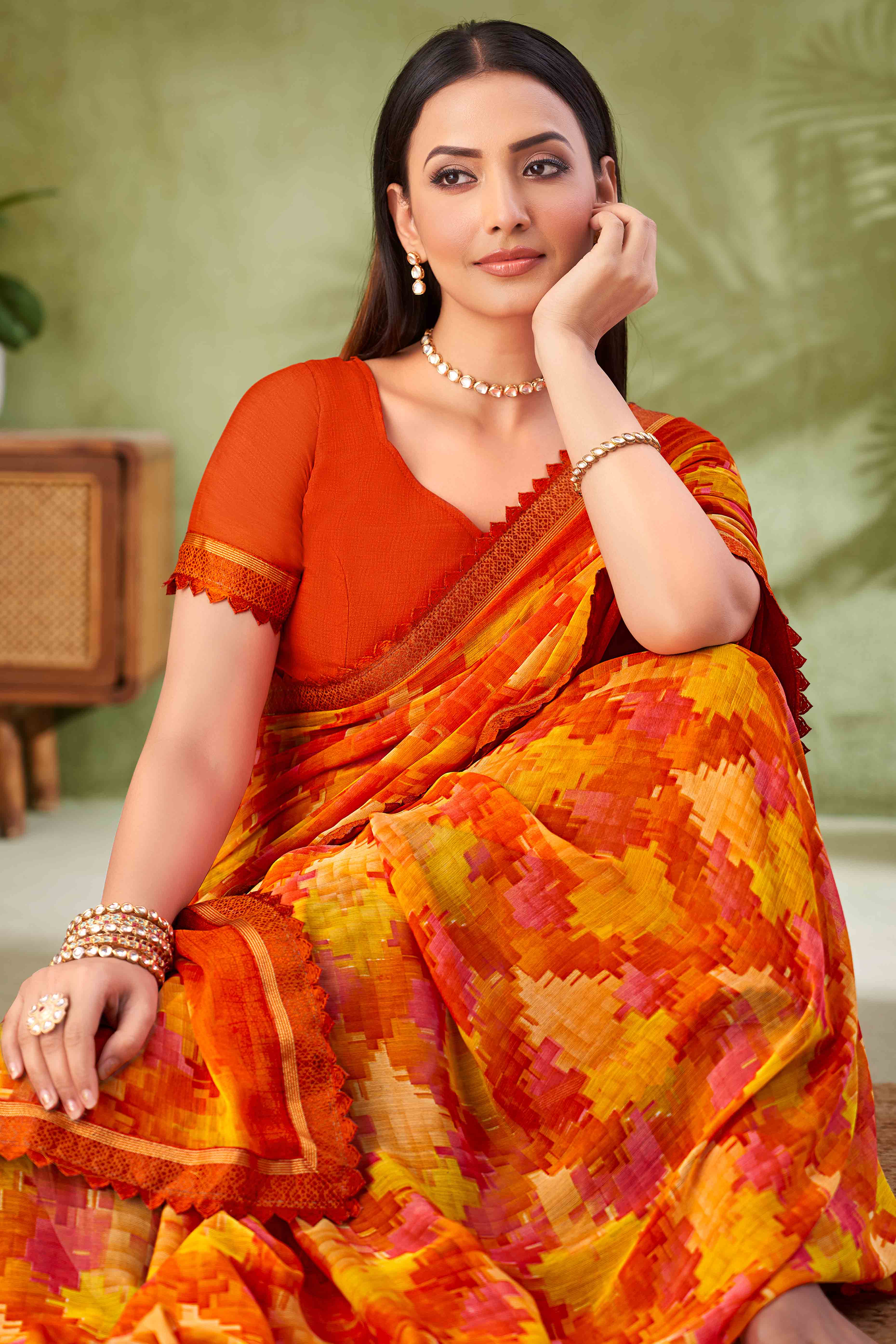 Orange Digital Printed Chiffon Saree Accented With Elegant Lace Border