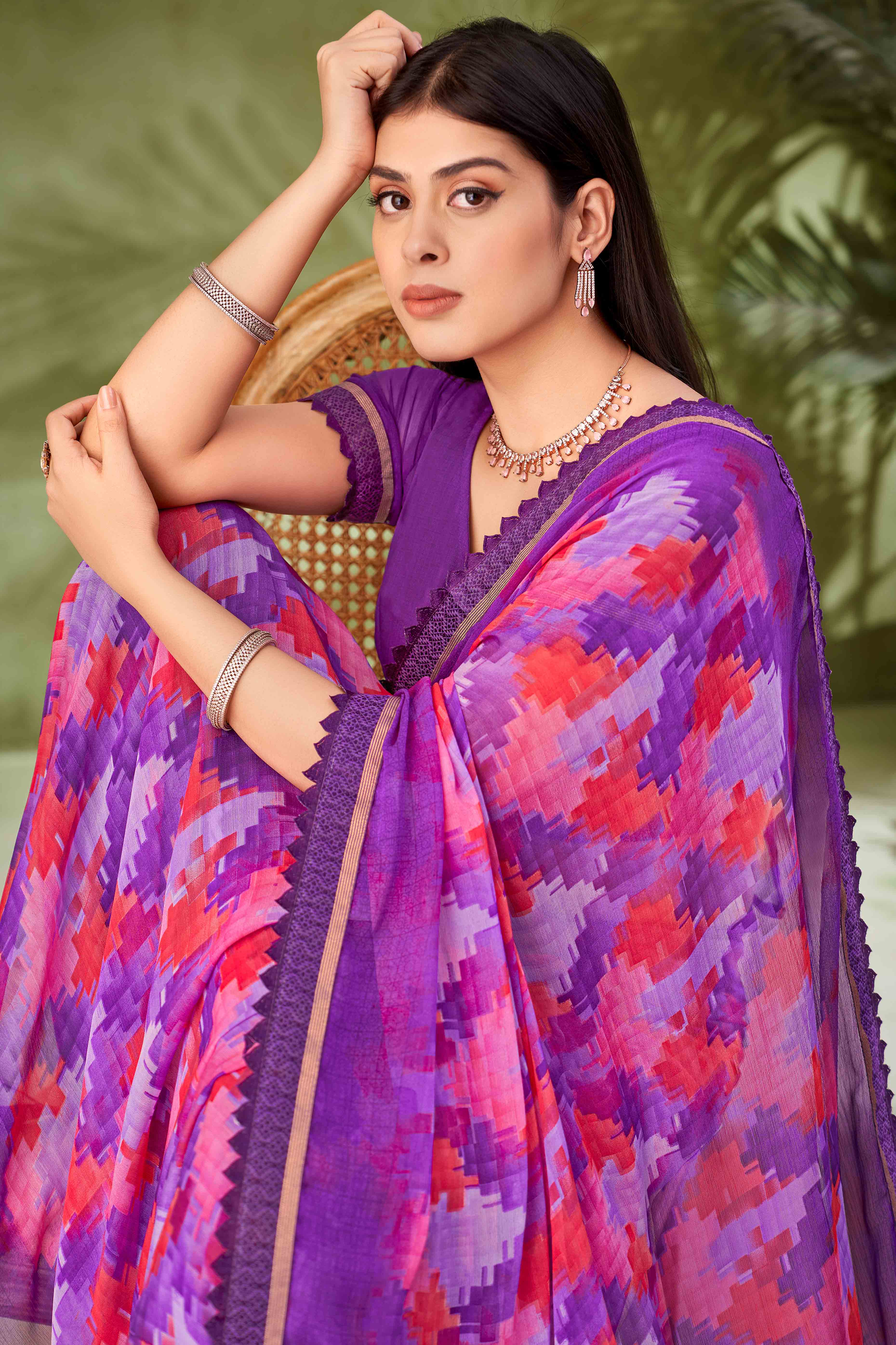 Purple Digital Printed Chiffon Saree Accented With Elegant Lace Border