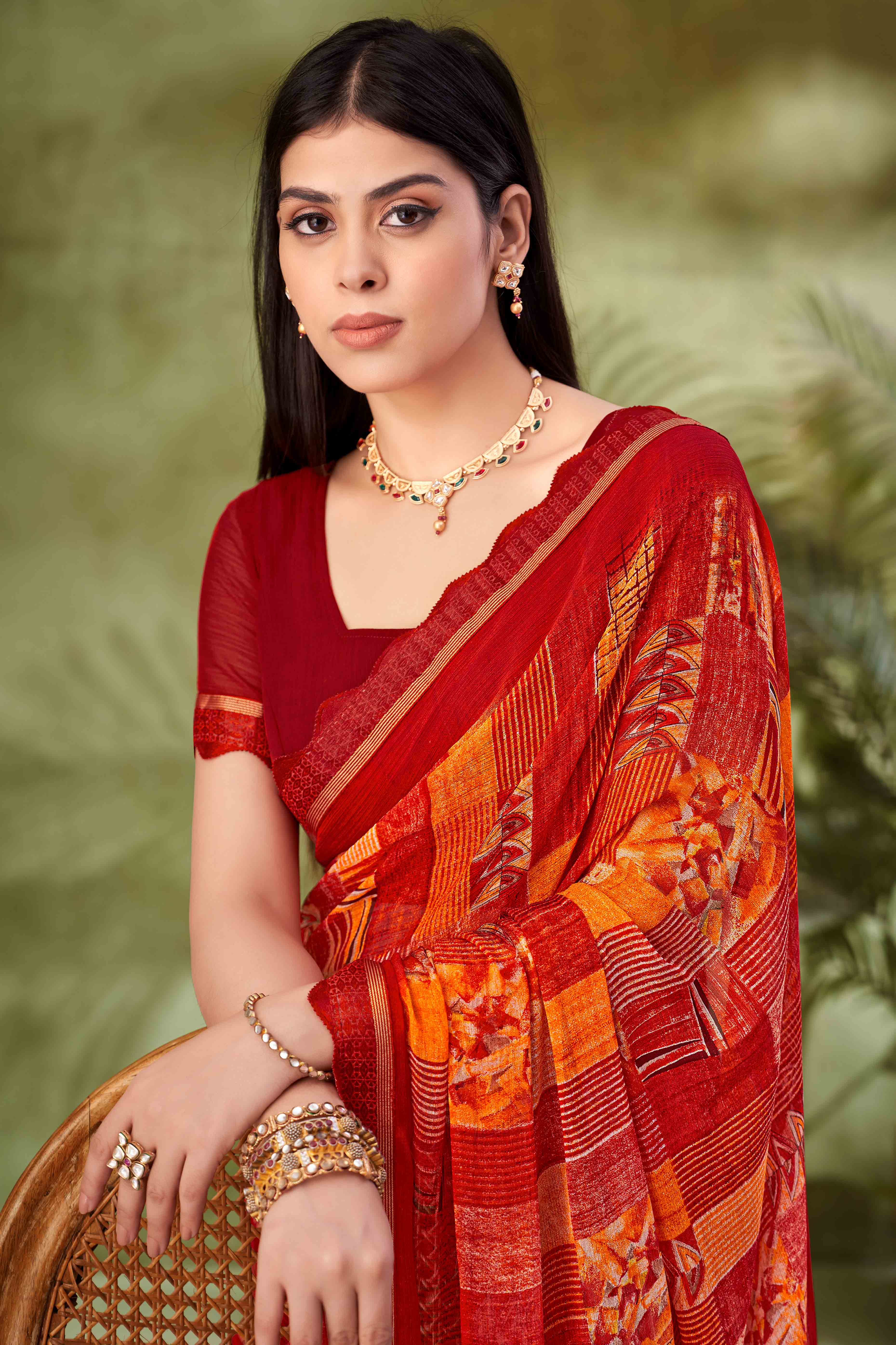Maroon Digital Printed Chiffon Saree Accented With Elegant Lace Border