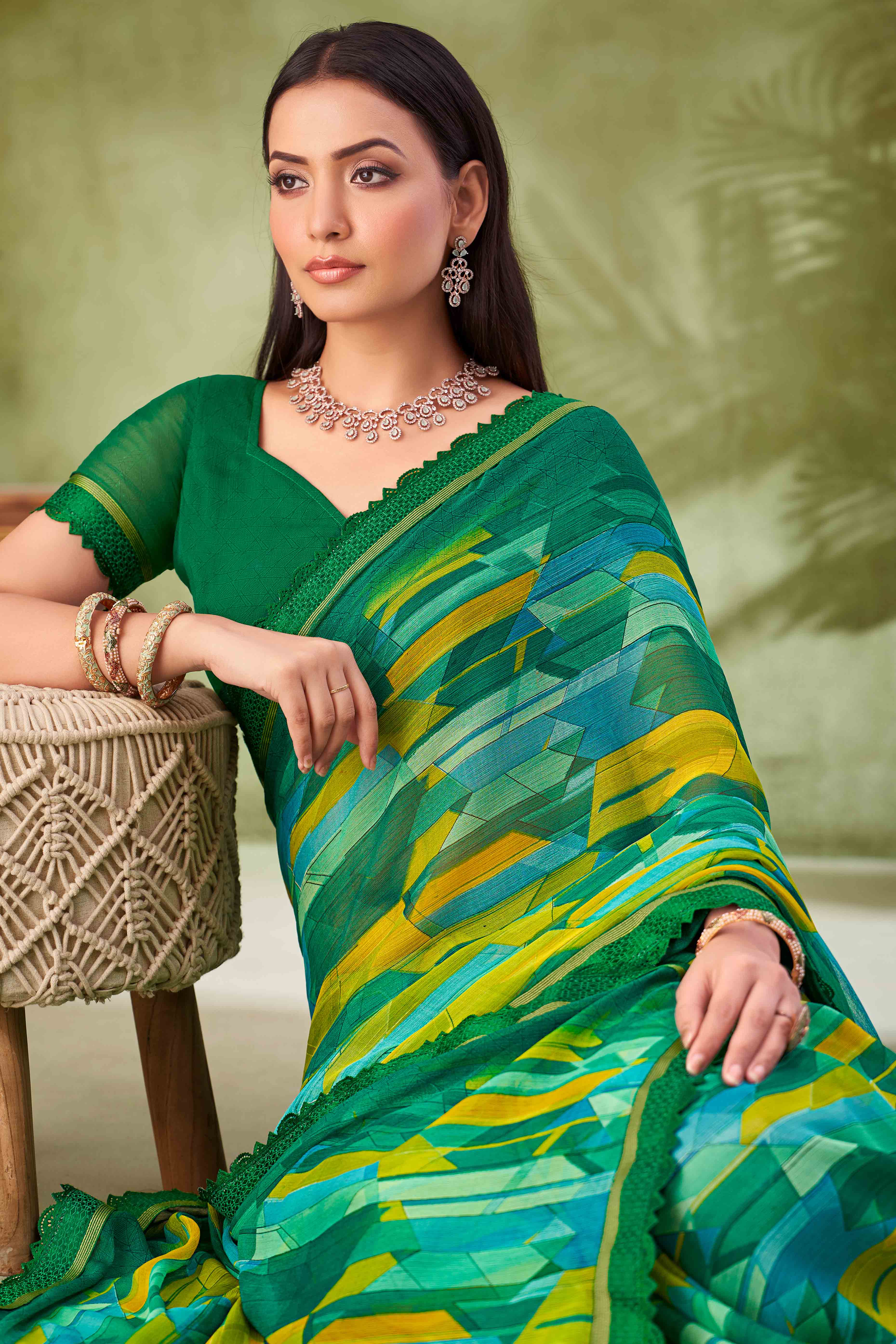 Green Digital Printed Chiffon Saree Accented With Elegant Lace Border