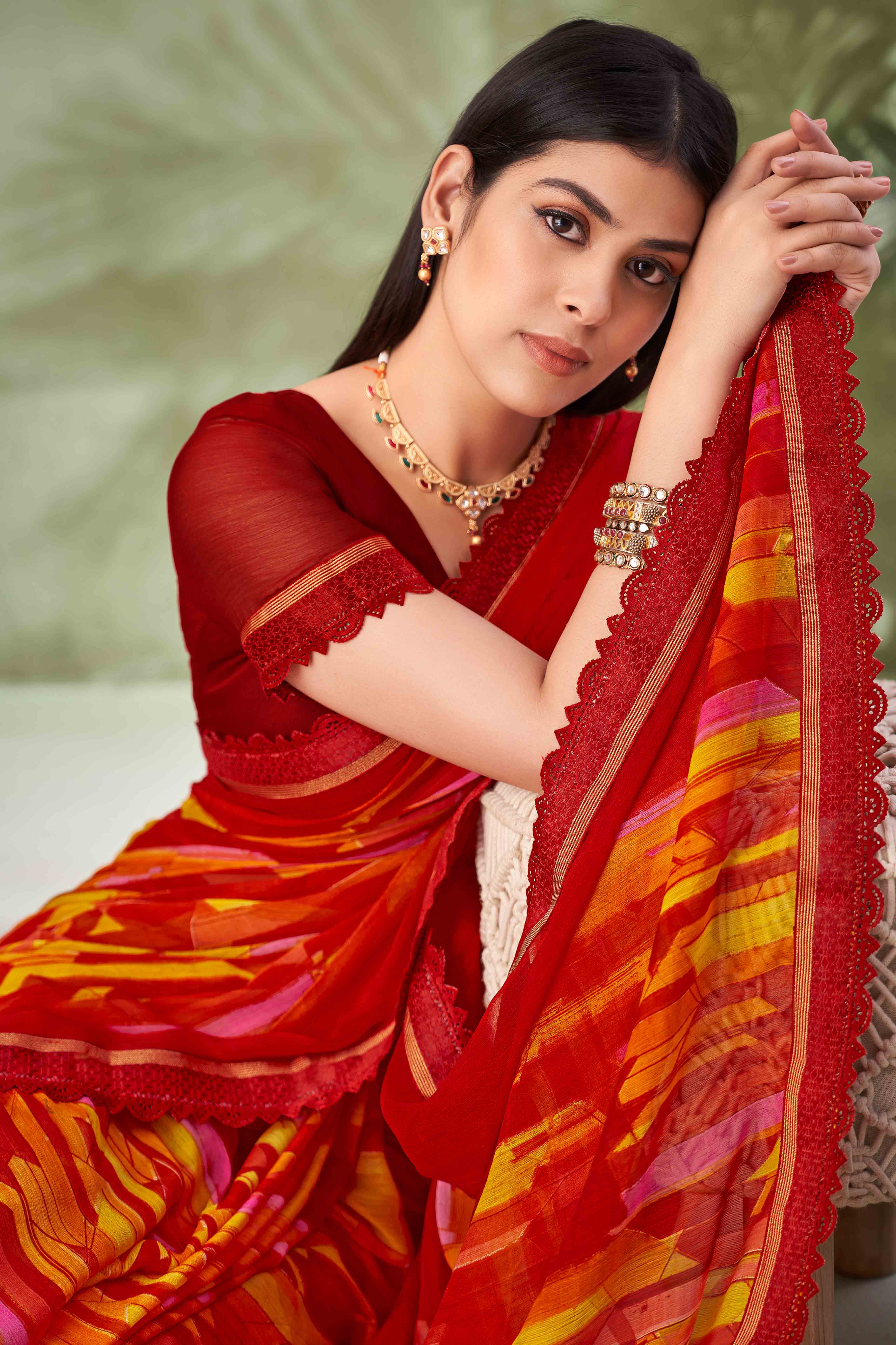 Maroon Digital Printed Chiffon Saree Accented With Elegant Lace Border