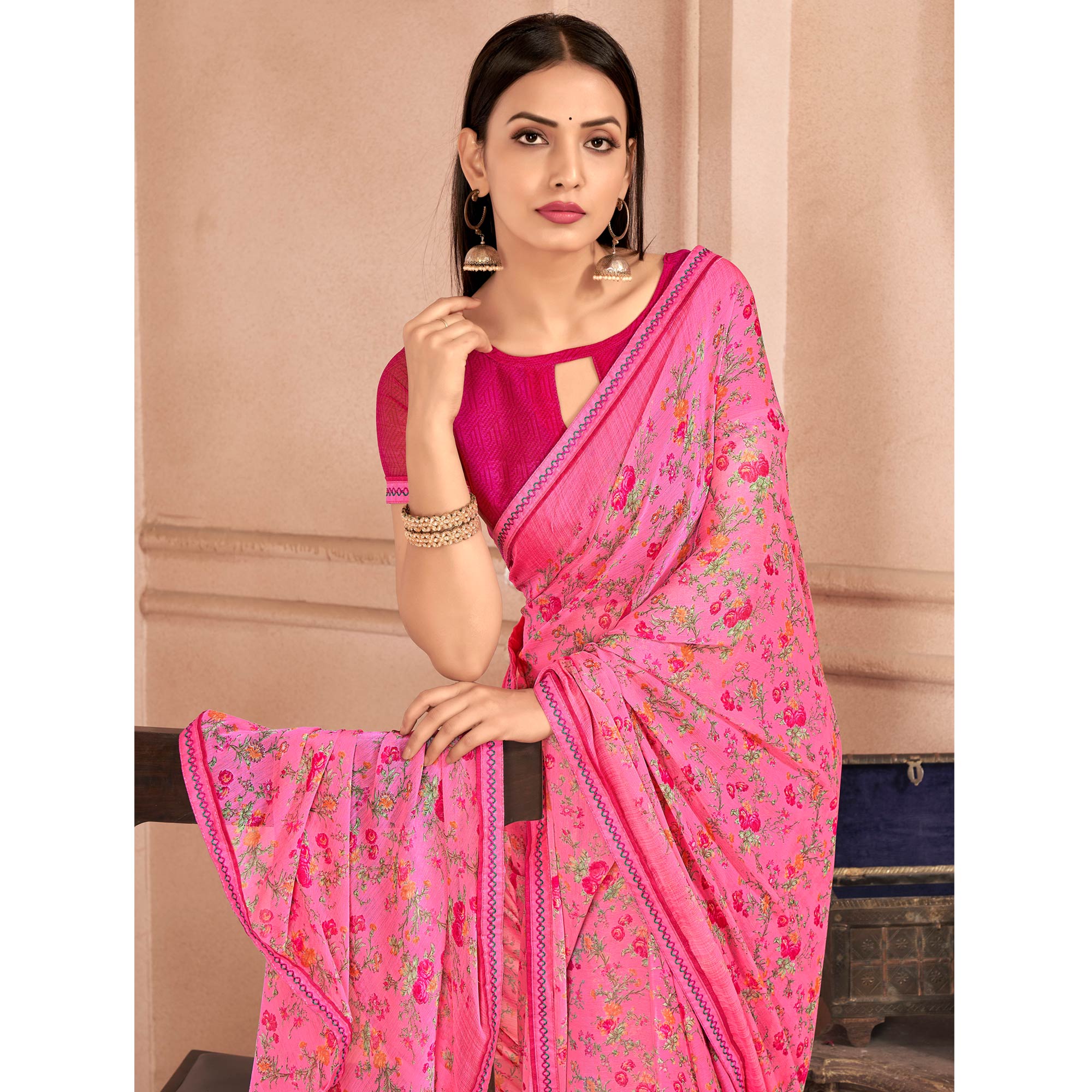 Pink Floral Printed Chiffon Saree With Lace Border
