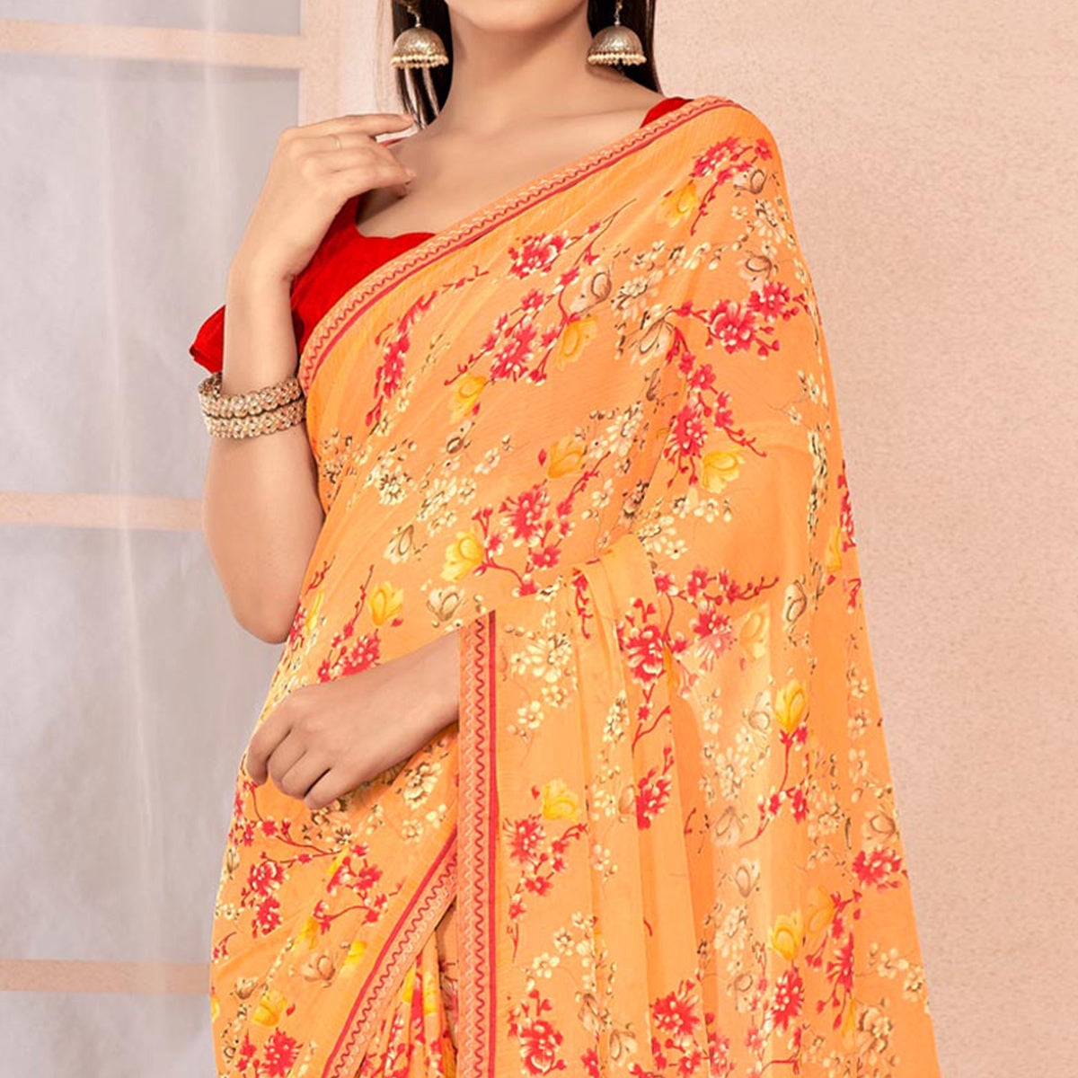 Light Orange Floral Printed Chiffon Saree With Lace Border