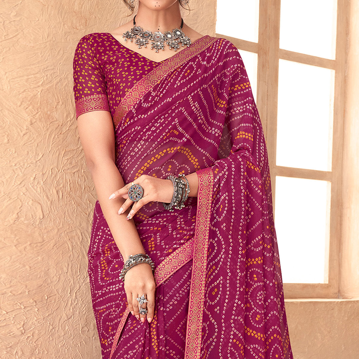 Purple Bandhani Printed Chiffon Saree