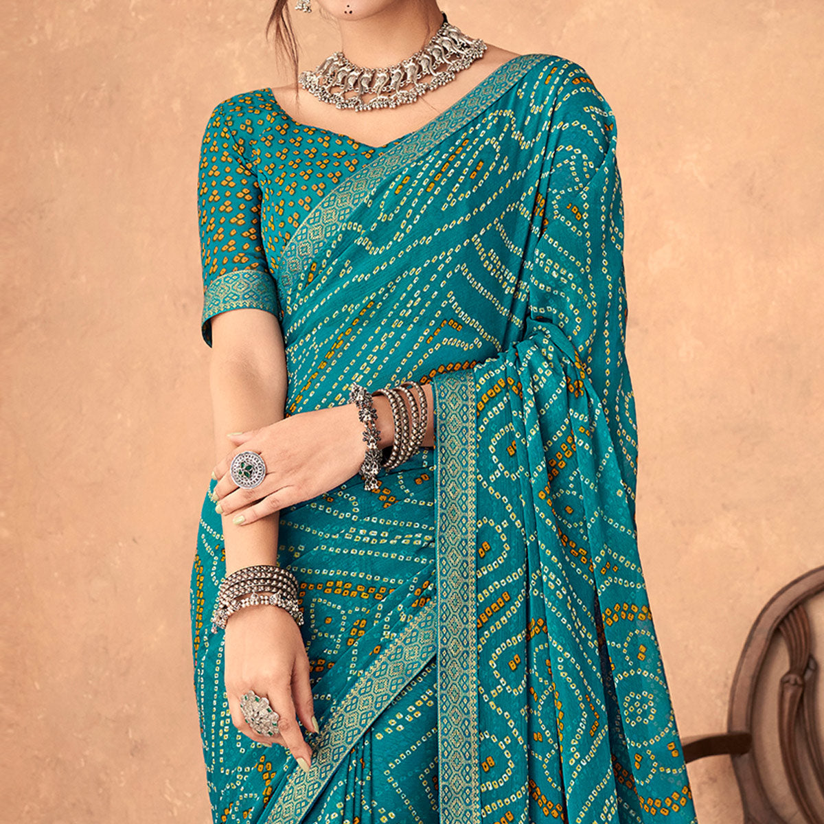 Blue Bandhani Printed Chiffon Saree