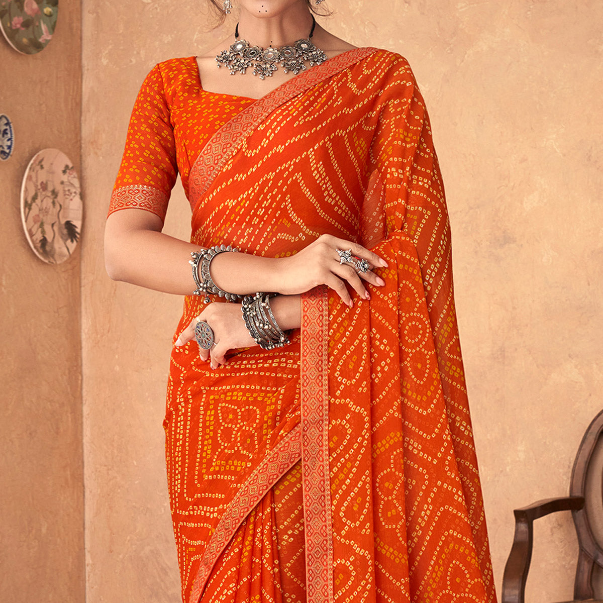 Orange Bandhani Printed Chiffon Saree