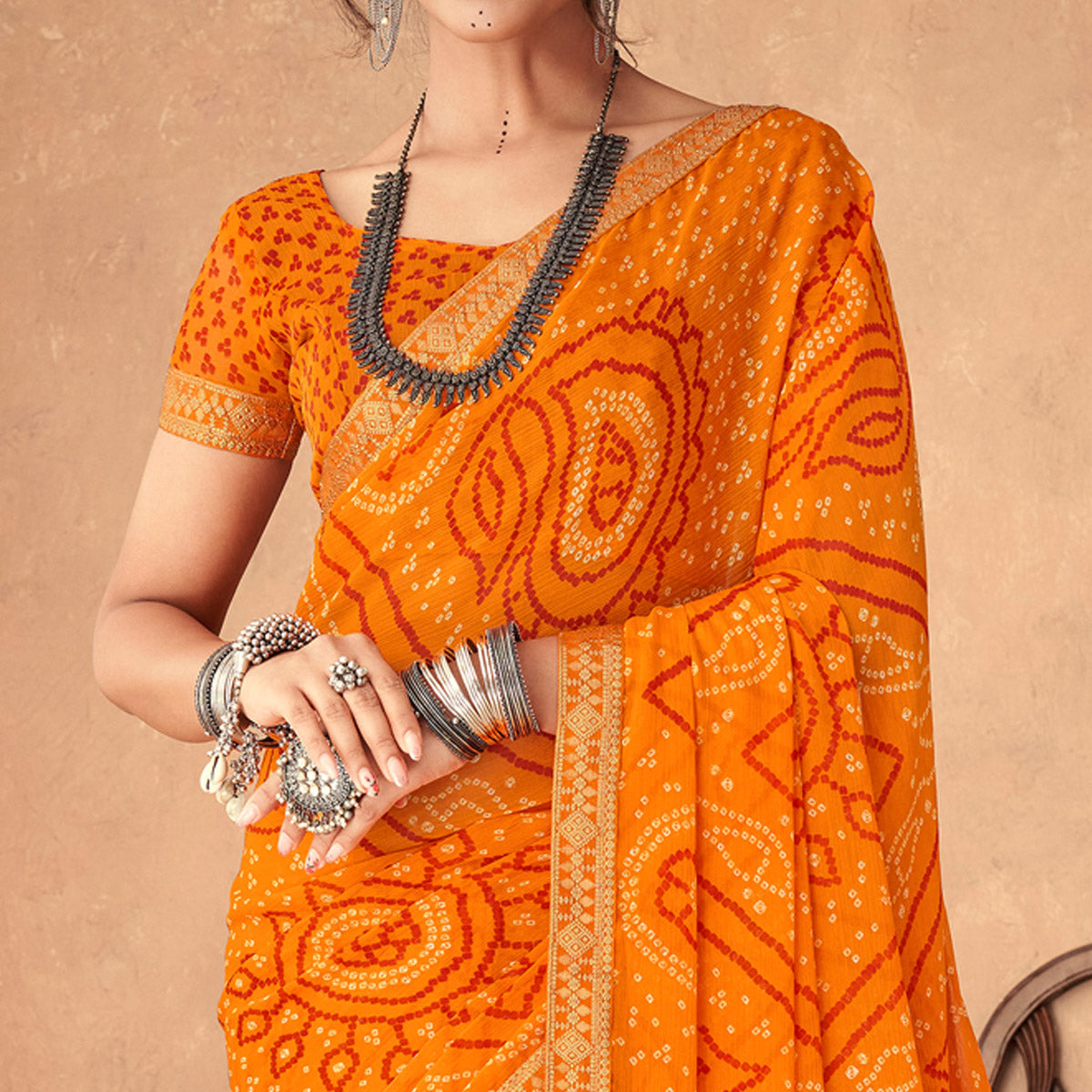 Mustard Bandhani Printed Chiffon Saree