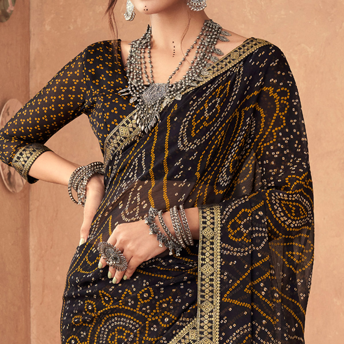 Black Bandhani Printed Chiffon Saree