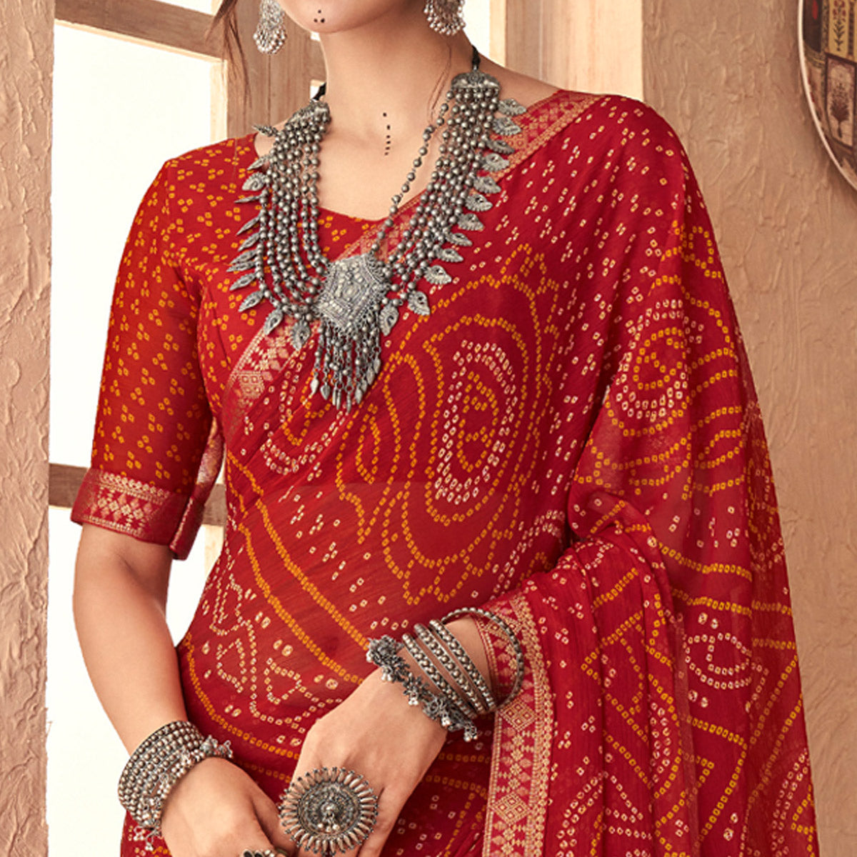 Red Bandhani Printed Chiffon Saree