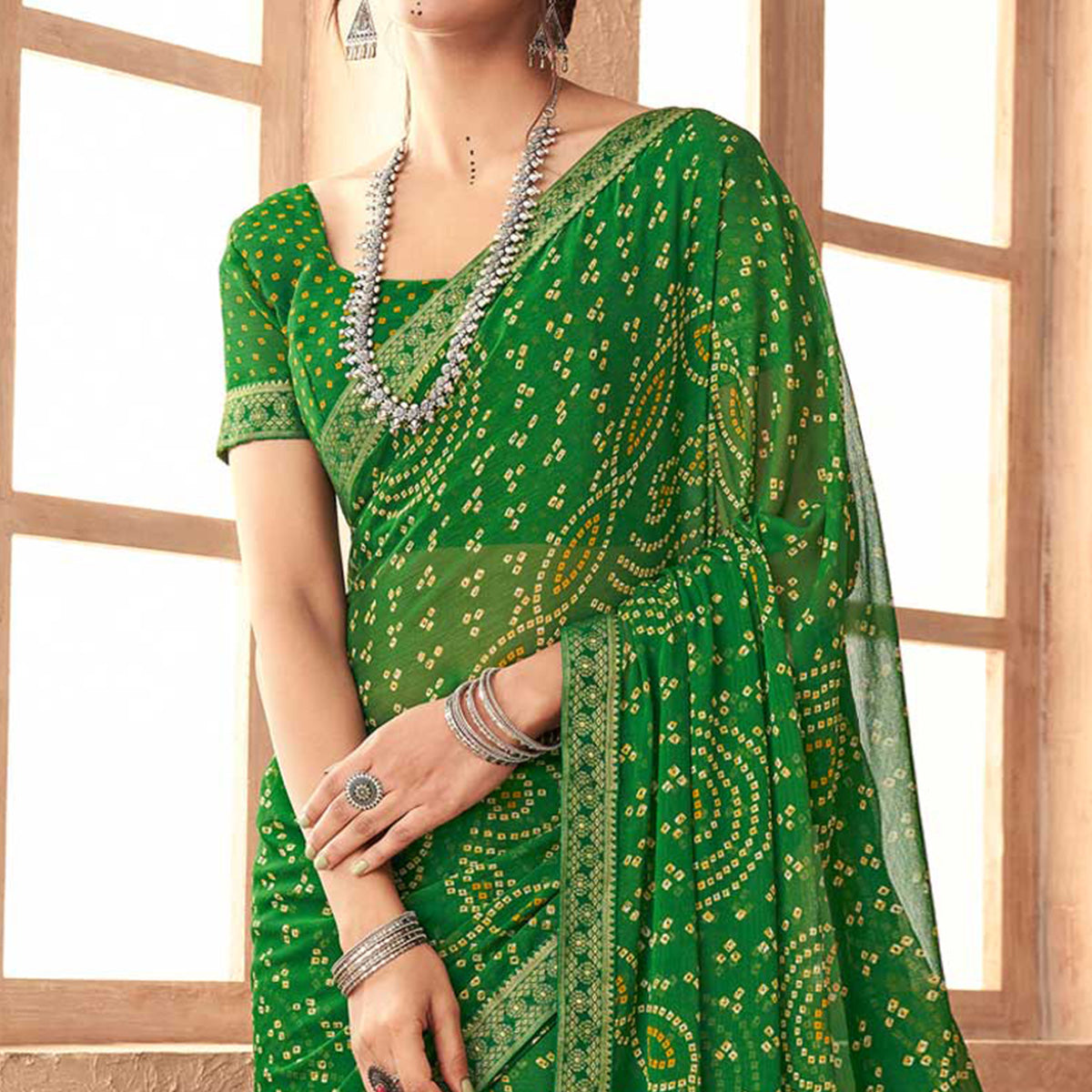 Green Bandhani Printed Chiffon Saree
