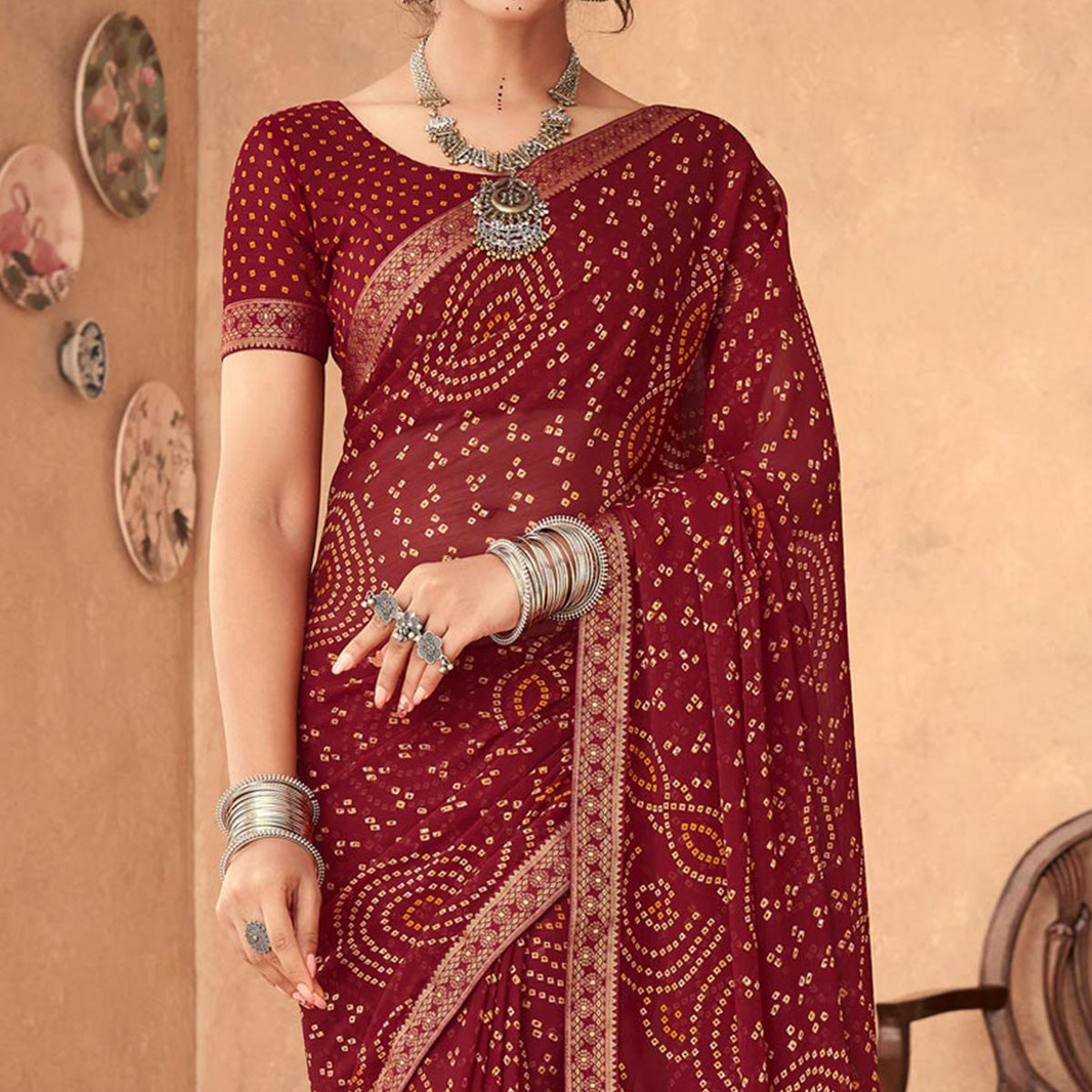 Maroon Bandhani Printed Chiffon Saree