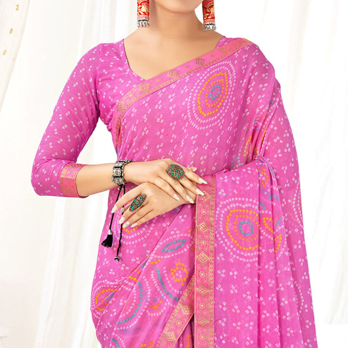 Pink Bandhani Printed Chiffon Saree