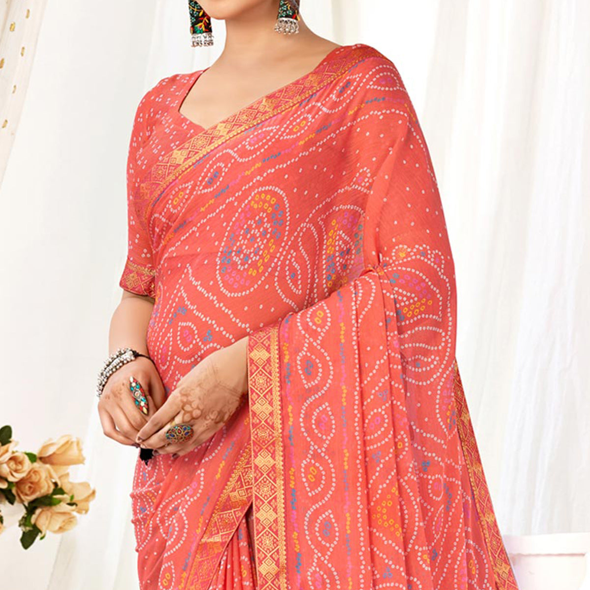 Salmon Pink Bandhani Printed Chiffon Saree