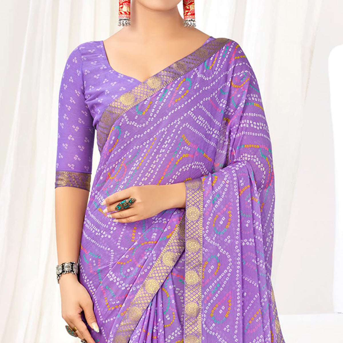 Purple Bandhani Printed Chiffon Saree