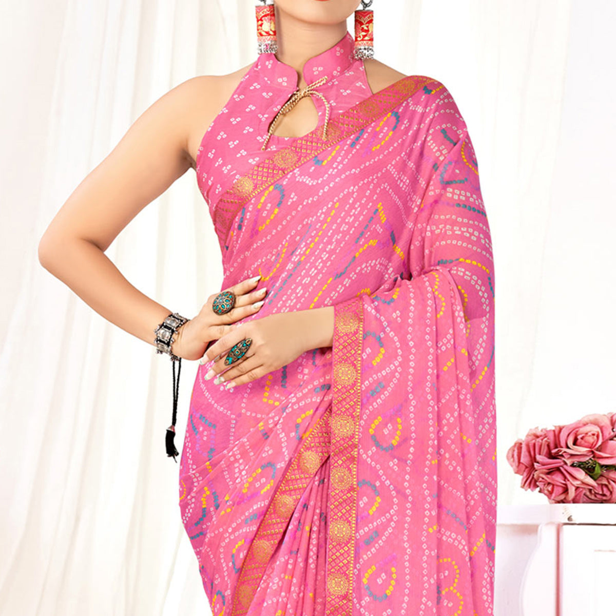 Pink Bandhani Printed Chiffon Saree