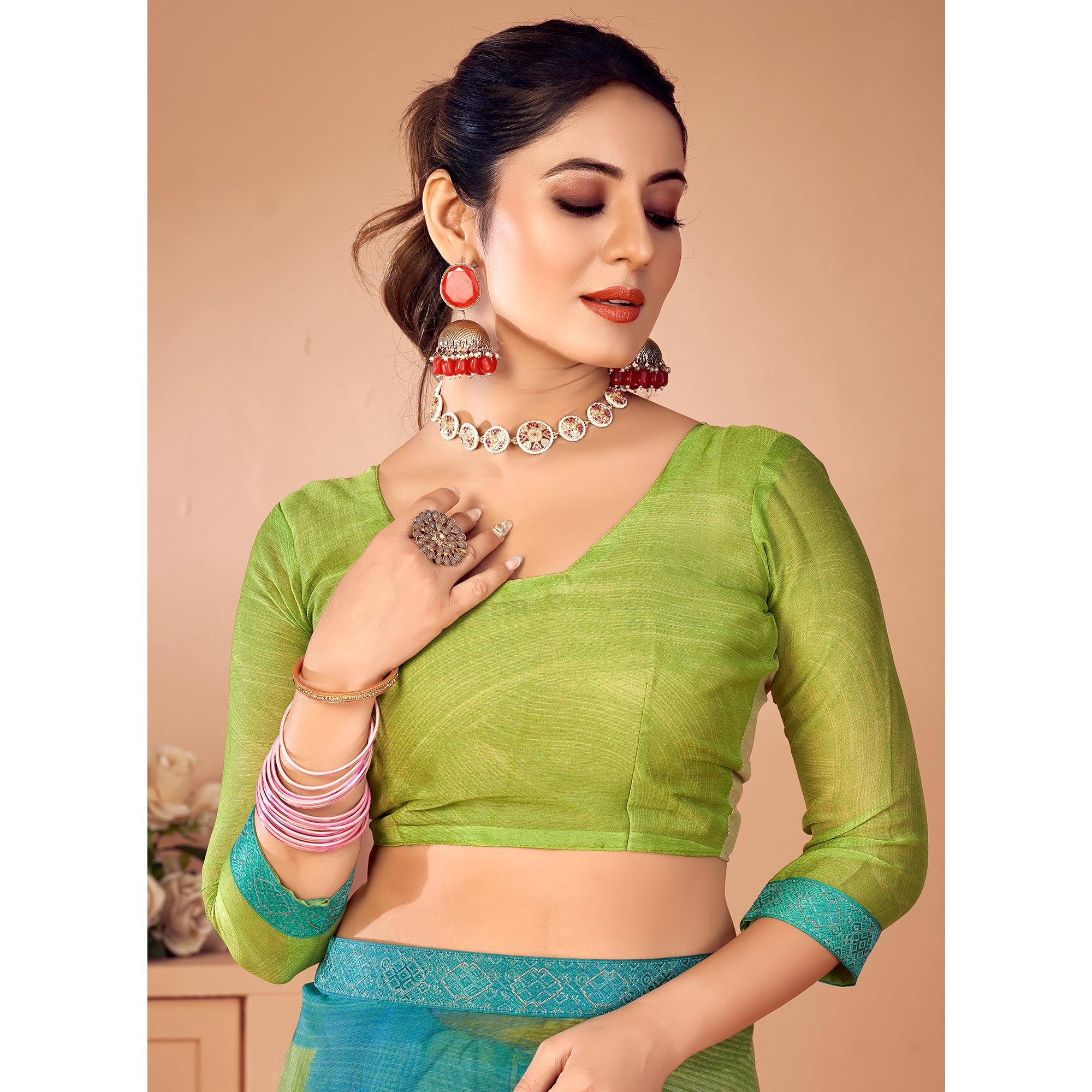 Green & Turquoise Printed Chiffon Saree With Lace Border