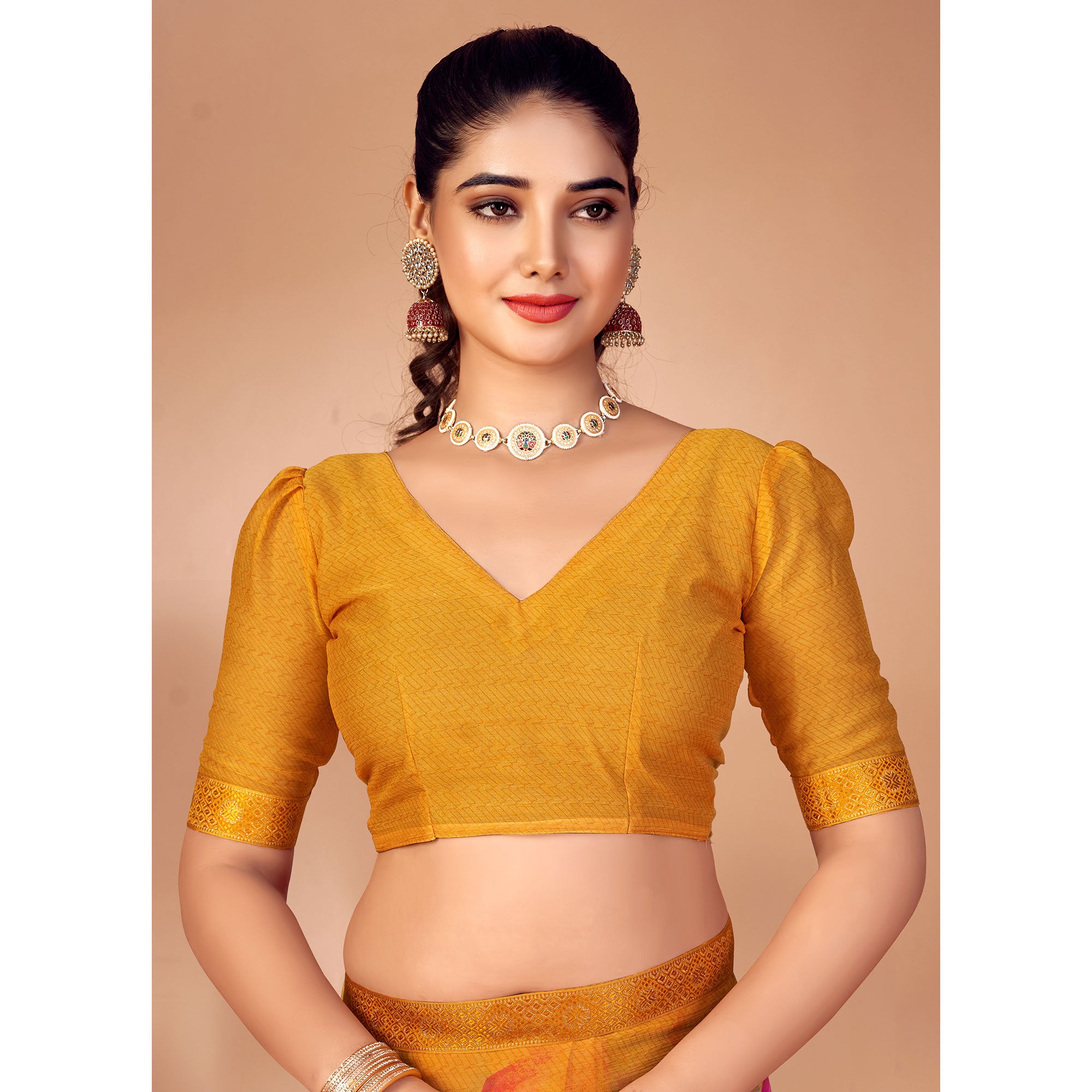 Mustard Printed Chiffon Saree With Lace Border