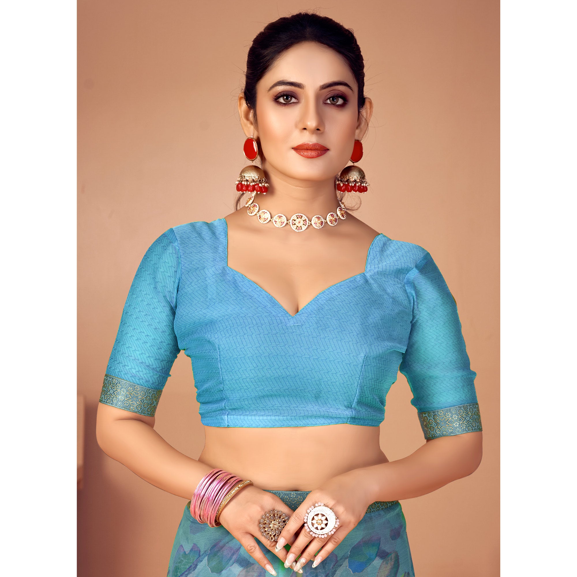 Blue Printed Chiffon Saree With Lace Border