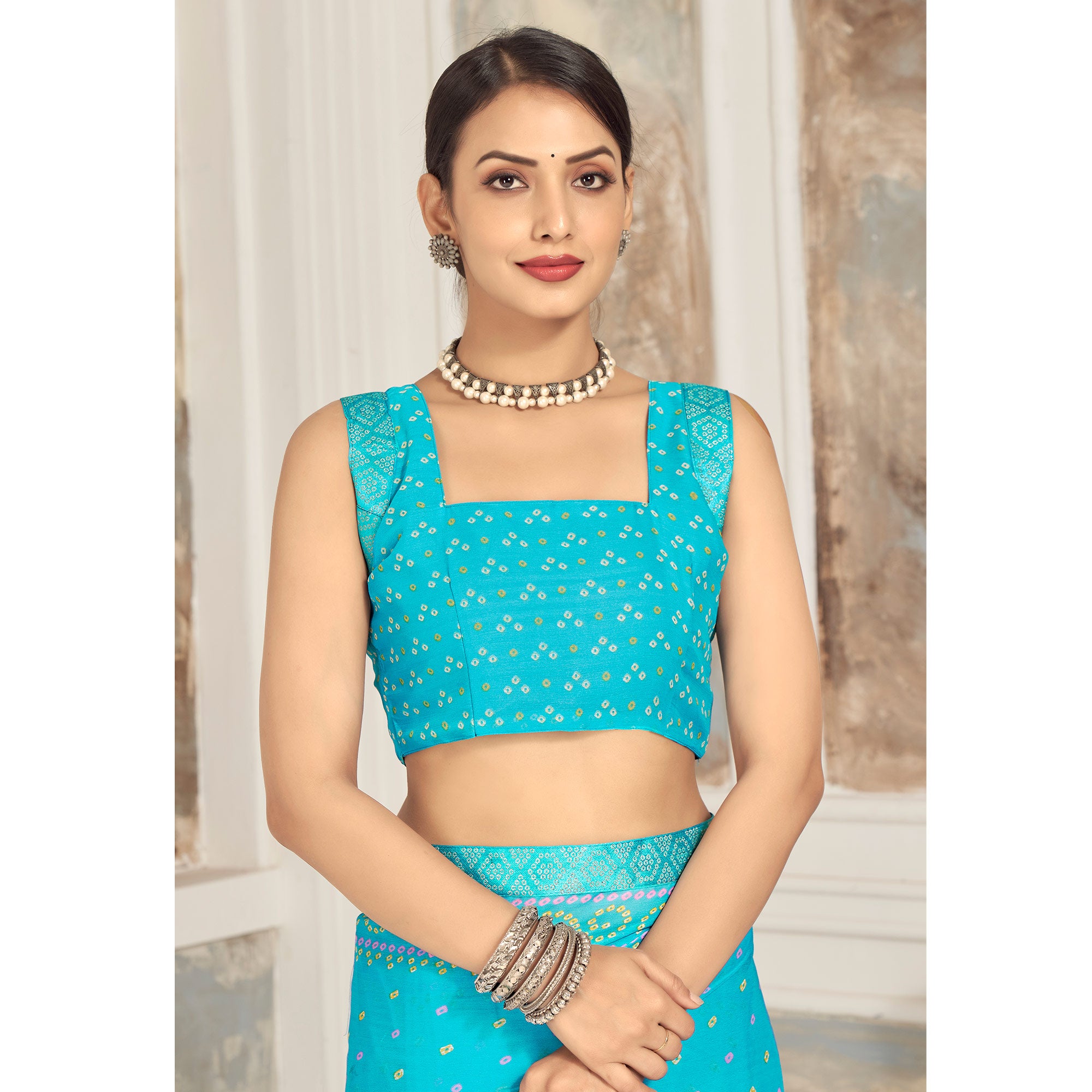 Blue Bandhani Printed Chiffon Saree