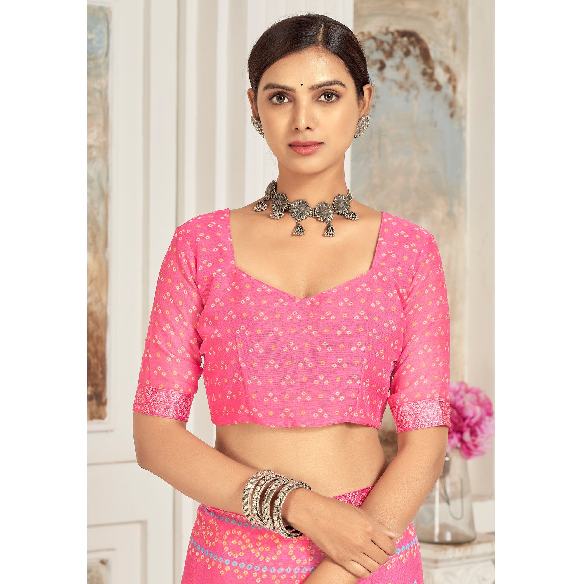 Pink Bandhani Printed Chiffon Saree